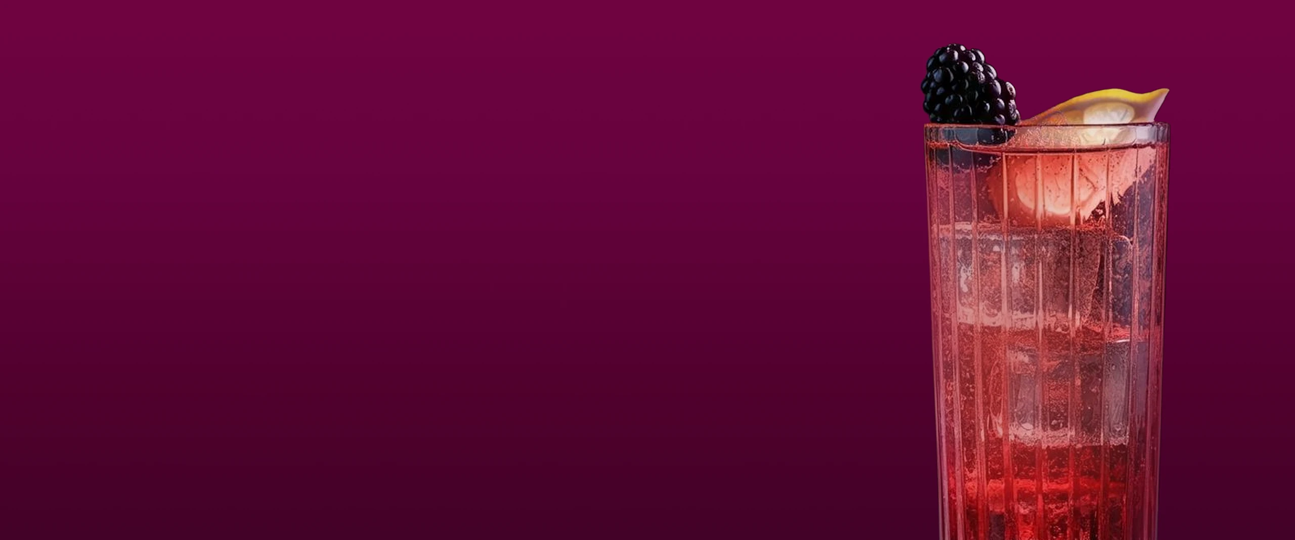 A tall glass filled with a red drink, topped with ice cubes, a slice of lemon and blackberries, on a dark purple background.