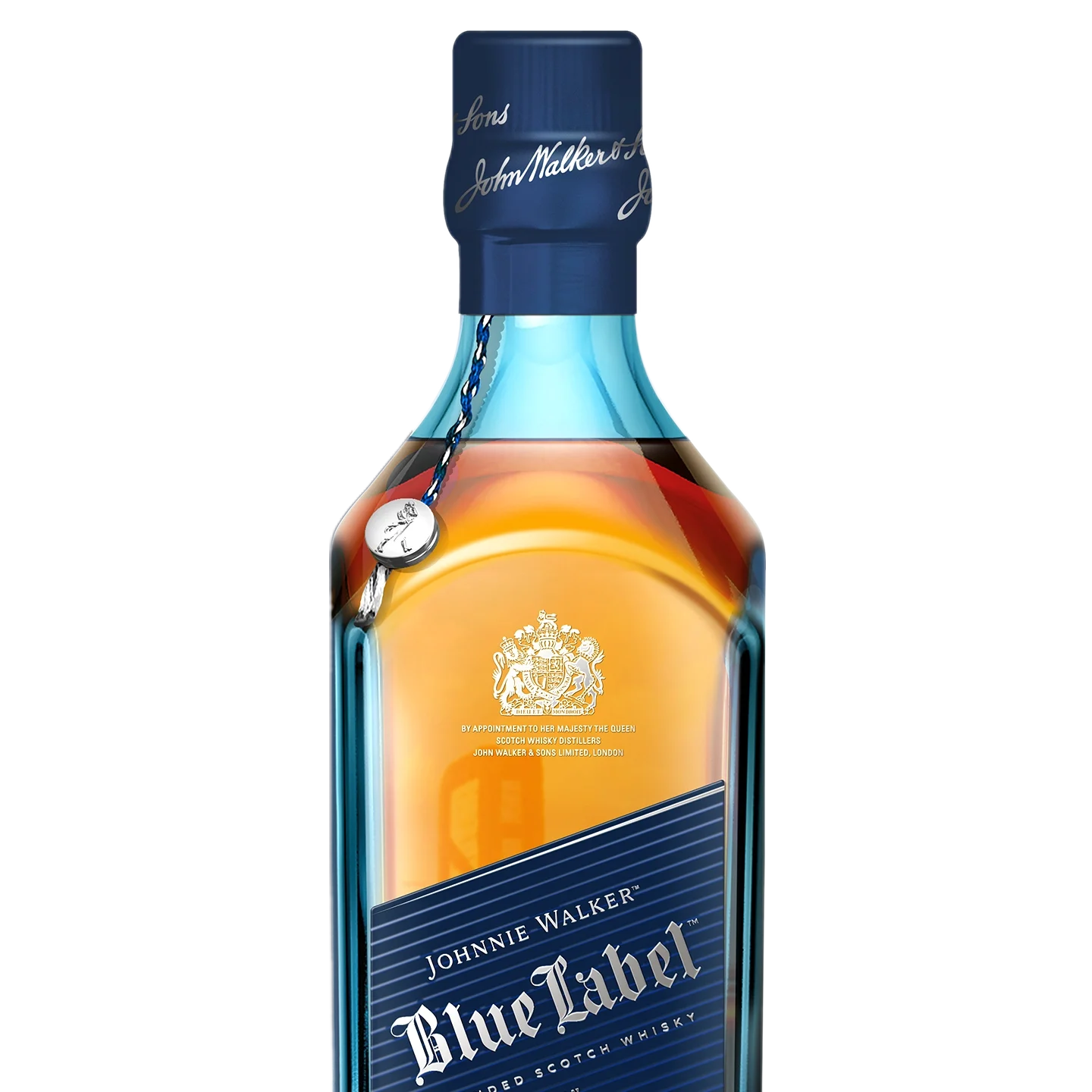 A bottle of Johnnie Walker Blue Label Scotch whisky with a blue cap, gold emblem, and diagonal blue label on a clear glass bottle.