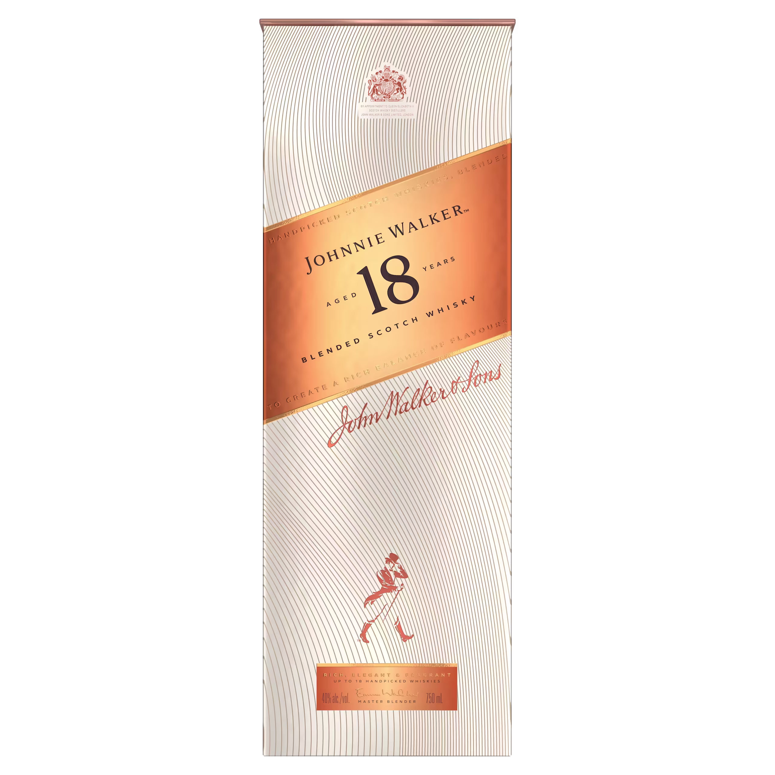 La imagen muestra una caja rectangular de whisky escocés mezclado Johnnie Walker 18 años, con un diseño dorado y cobre con el logotipo de Johnnie Walker y el texto de la marca en el frente.