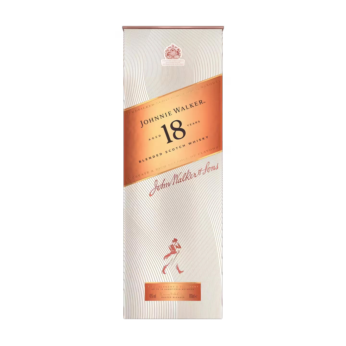 รูปภาพแสดงกล่องสี่เหลี่ยมของ Johnnie Walker 18 Year Old Blended Scotch Whisky ที่มีการออกแบบสีทองและสีทองแดงพร้อมโลโก้ Johnnie Walker และข้อความแบรนด์ที่ด้านหน้า