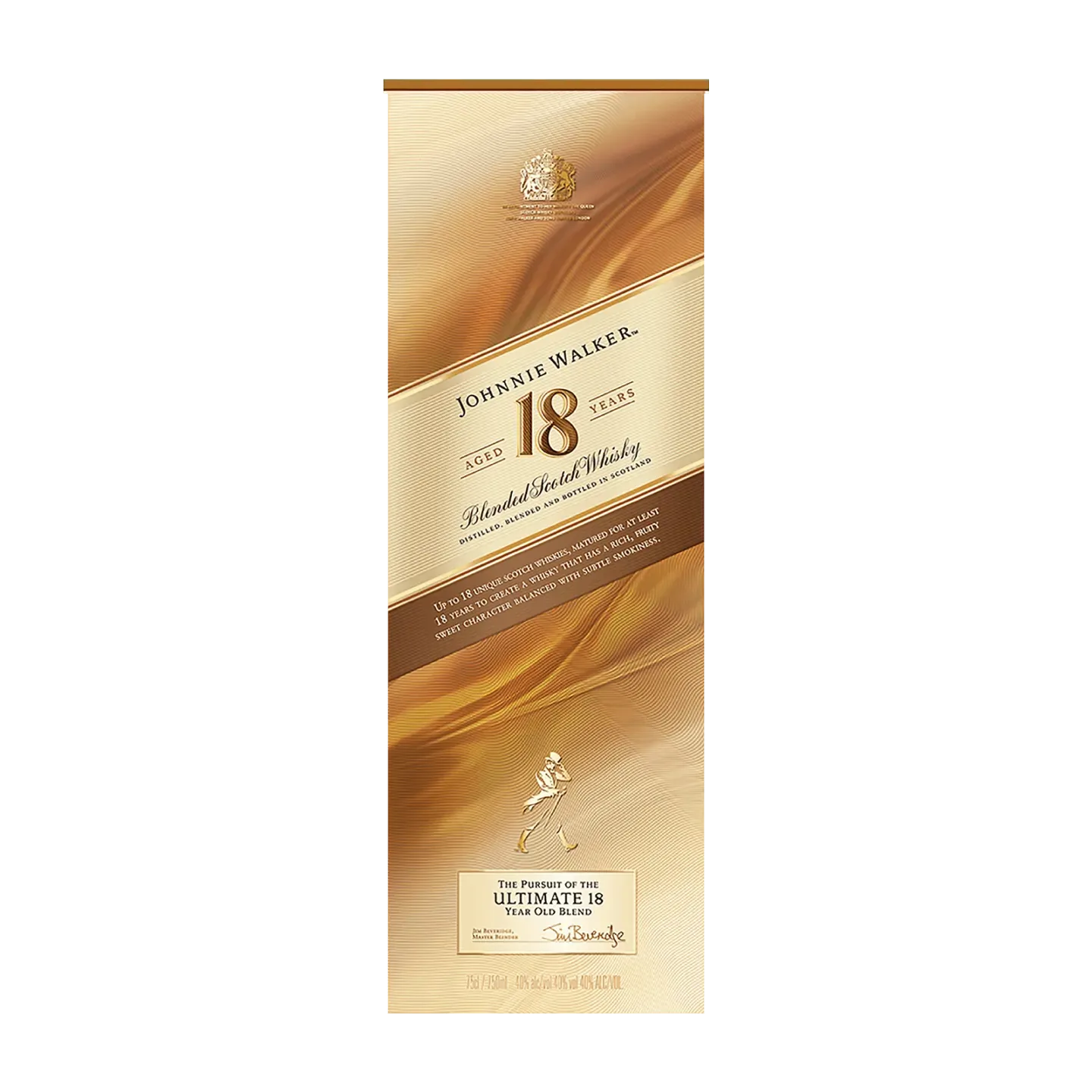 A bottle box of Johnnie Walker 18 Years blended Scotch whisky. The design features a gold and amber colour scheme with sweeping lines and text detailing the whisky’s age and description. The Johnnie Walker logo is prominently displayed.