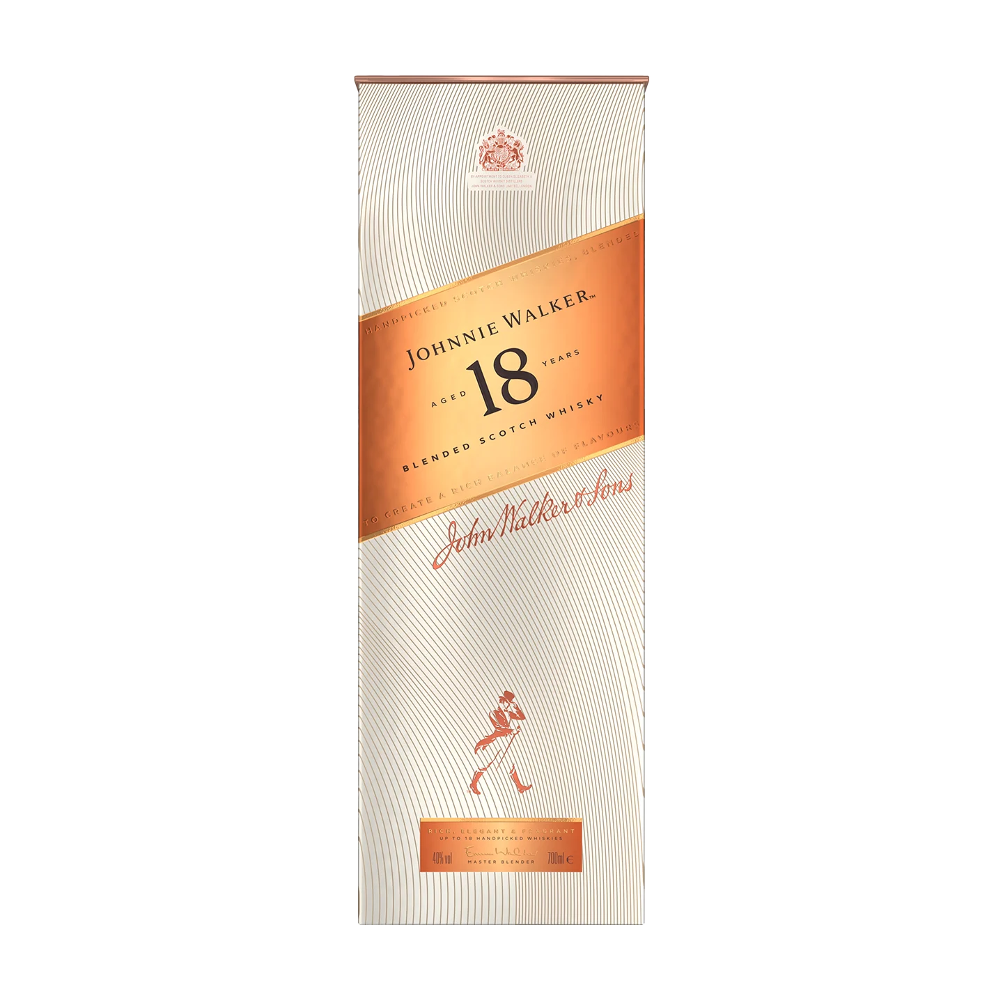 Η εικόνα δείχνει ένα ορθογώνιο κουτί Johnnie Walker 18 Year Old Blended Scotch Whisky, με σχέδιο σε χρυσό και χάλκινο χρώμα, το λογότυπο και το κείμενο της επωνυμίας Johnnie Walker στο μπροστινό μέρος.
