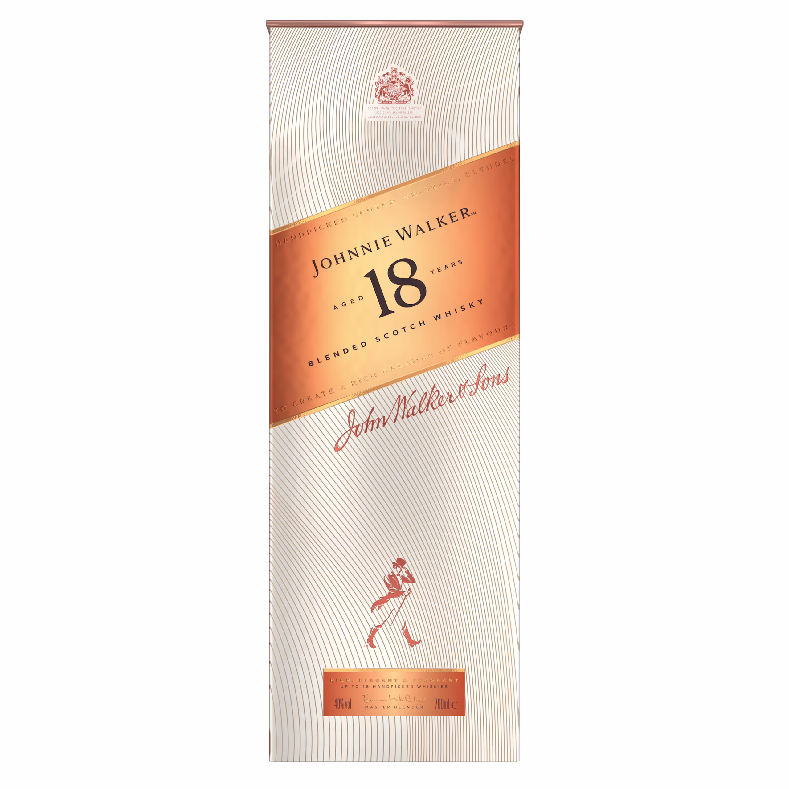 Ένα μπεζ και χρυσό κουτί Johnnie Walker 18 Blended Scotch Whisky με κομψό σχέδιο κειμένου και λογότυπο. Το κουτί αναδεικνύει την κορυφαία ποιότητα του ουίσκι, με ένα εκλεπτυσμένο, στροβιλιζόμενο μοτίβο στο φόντο.