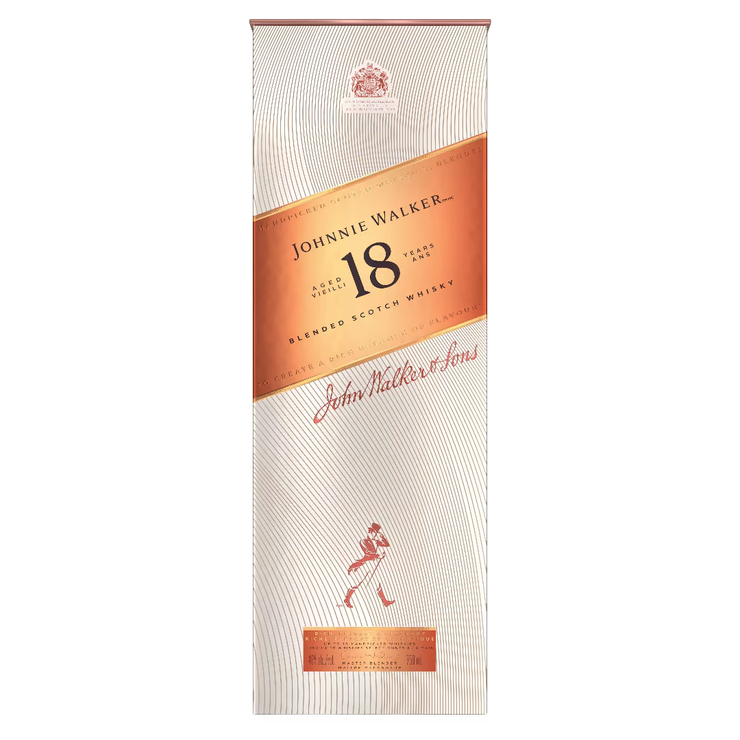 The image shows a rectangular box of Johnnie Walker 18 Year Old Blended Scotch Whisky, featuring a gold and copper design with the Johnnie Walker logo and branding text on the front.