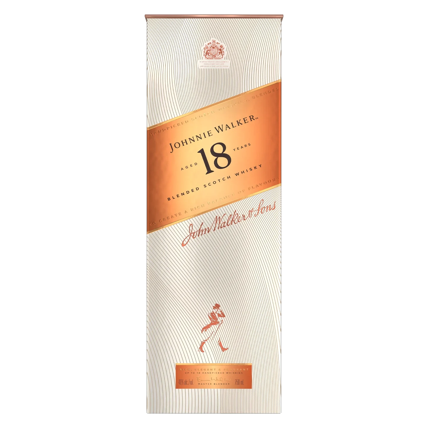 La imagen muestra una caja rectangular de whisky escocés mezclado Johnnie Walker 18 años, con un diseño dorado y cobre con el logotipo de Johnnie Walker y el texto de la marca en el frente.