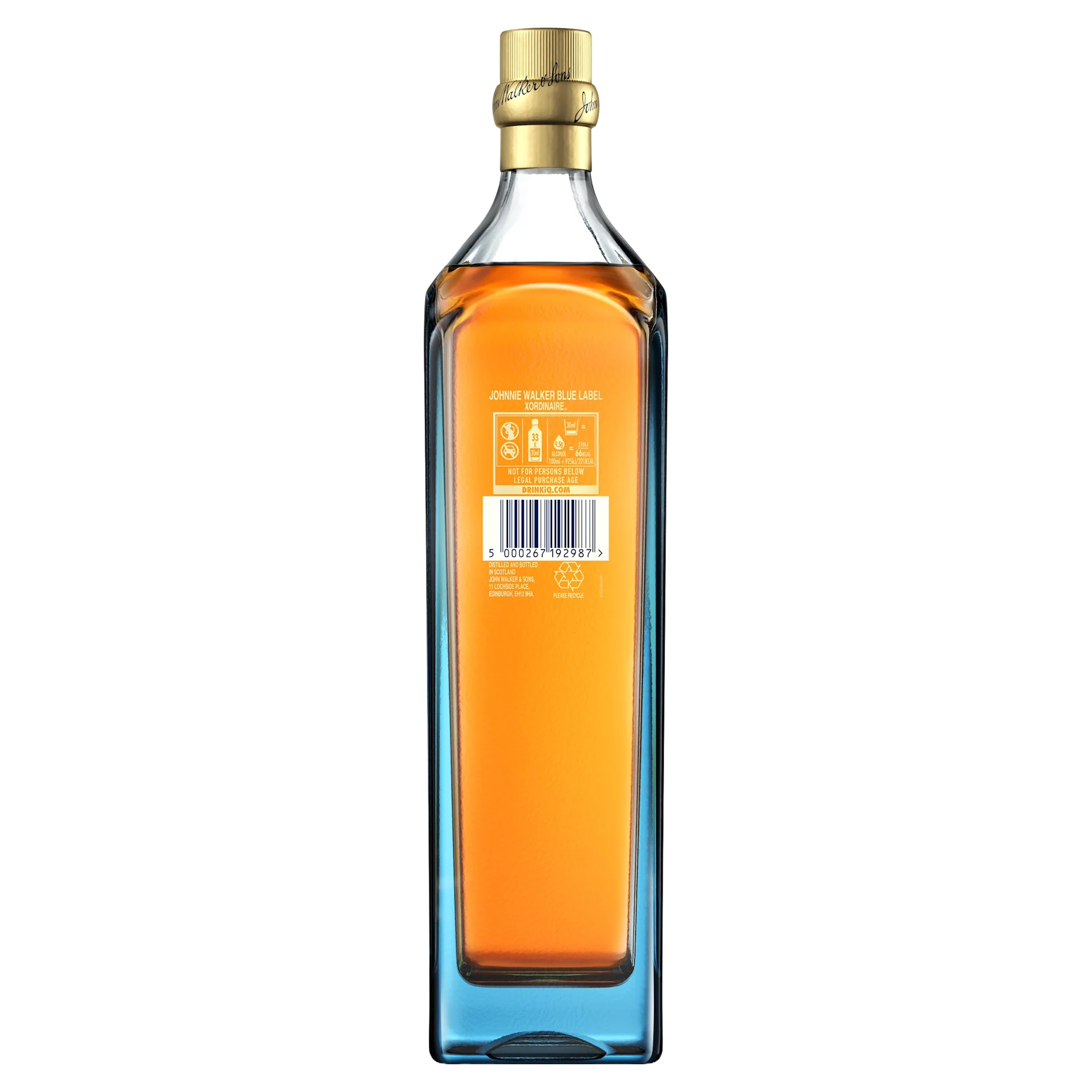 A bottle of Johnnie Walker Blue Label Xordinaire whisky with a gold cap, featuring a label on the back with a barcode, symbols, and text. The whisky is amber-colored, and the bottle is positioned against a white and yellow background.