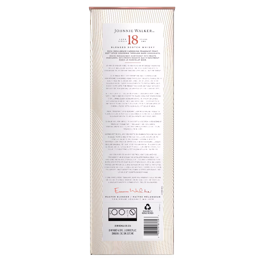 Back of a Johnnie Walker 18 blended Scotch whisky box, displaying detailed product information, the Johnnie Walker logo, signature, recycling symbols, and a barcode on a cream-colored background with subtle stripes.