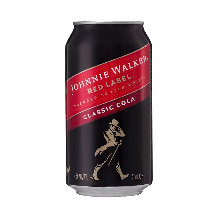 A black can of Johnnie Walker Red Label Classic Cola with gold and red branding.
