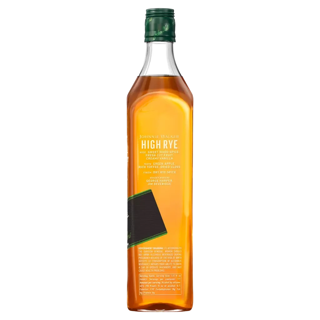 A tall, narrow bottle of Johnnie Walker High Rye blended Scotch whisky with a green cap. The label is green and gold, featuring the brand name and details about the high rye content. The bottle is filled with amber-colored liquid.