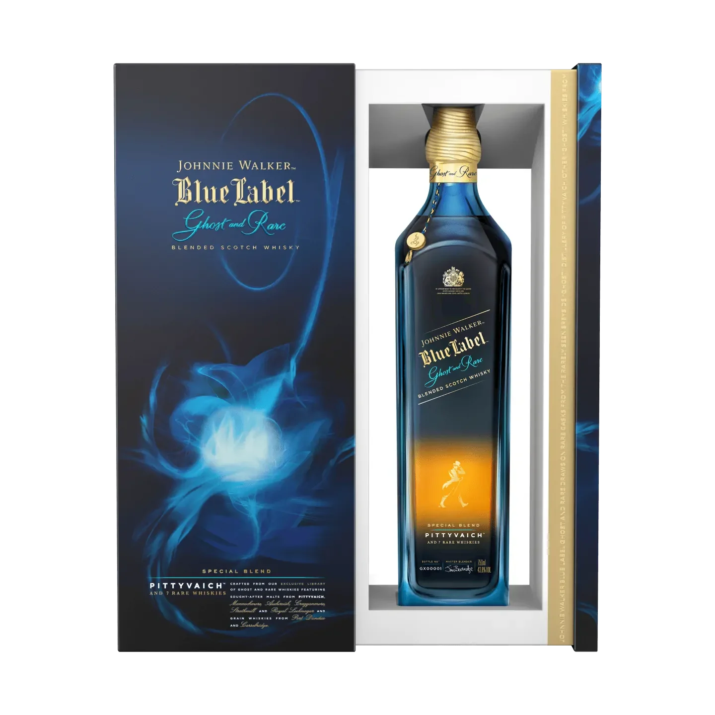 A bottle of Johnnie Walker Blue Label Ghost and Rare Pittyvaich Scotch Whisky in an opened box. The box and bottle display a blue and gold design with the brand name and product details prominently visible.