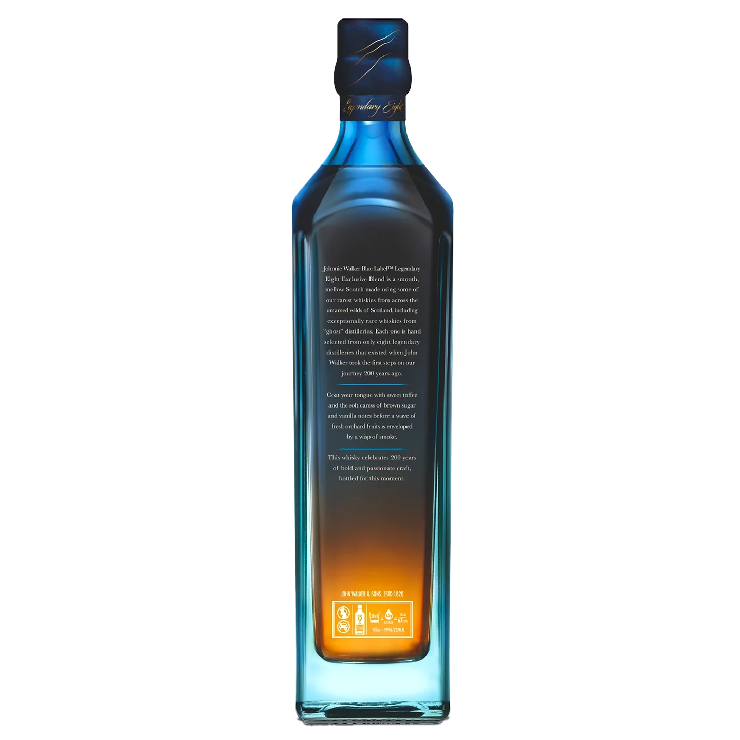 A tall, rectangular blue glass bottle of Johnnie Walker Blue Label whisky, shown from the back, with gold writing and symbols on the label near the base. The cap is dark with a signature.