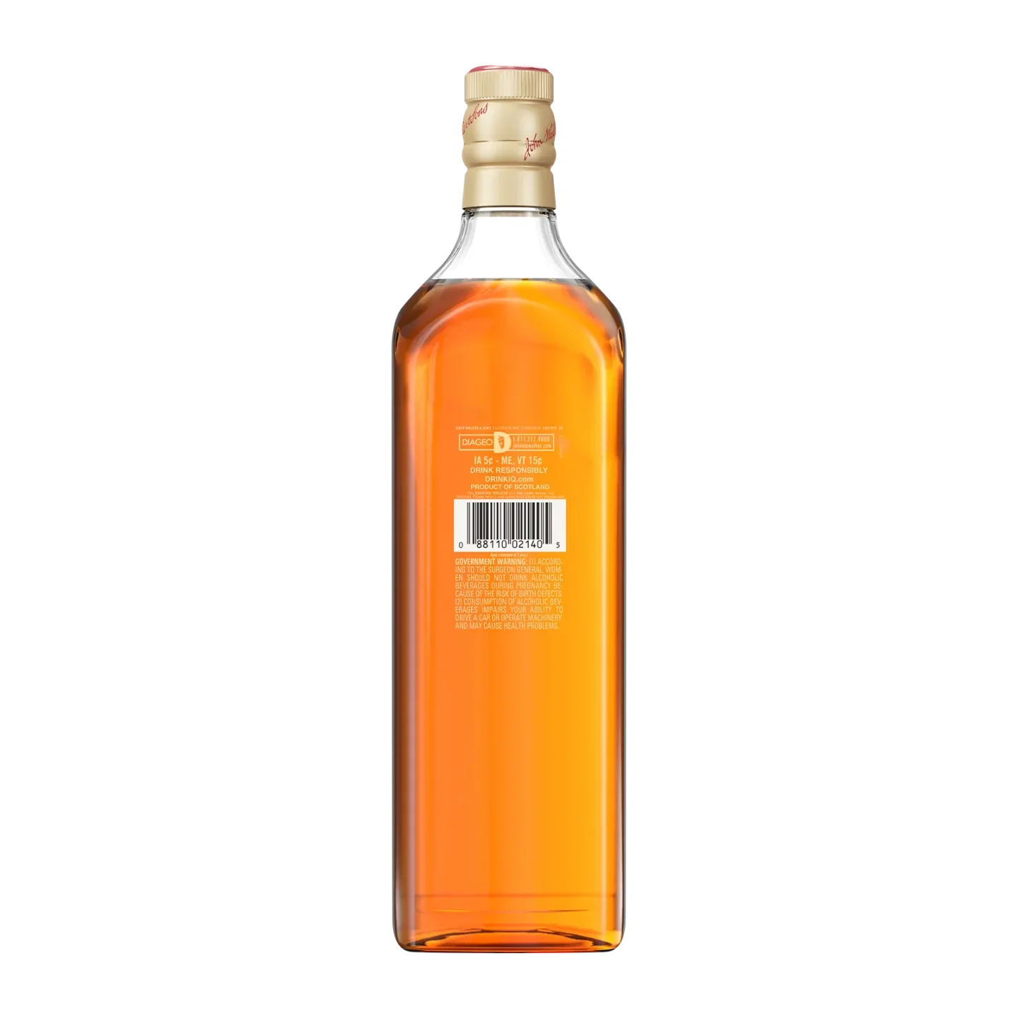 A bottle of Johnnie Walker Red Label whiskey with an amber liquid inside. The bottle has a beige cap and a label on the back displaying a barcode and text.