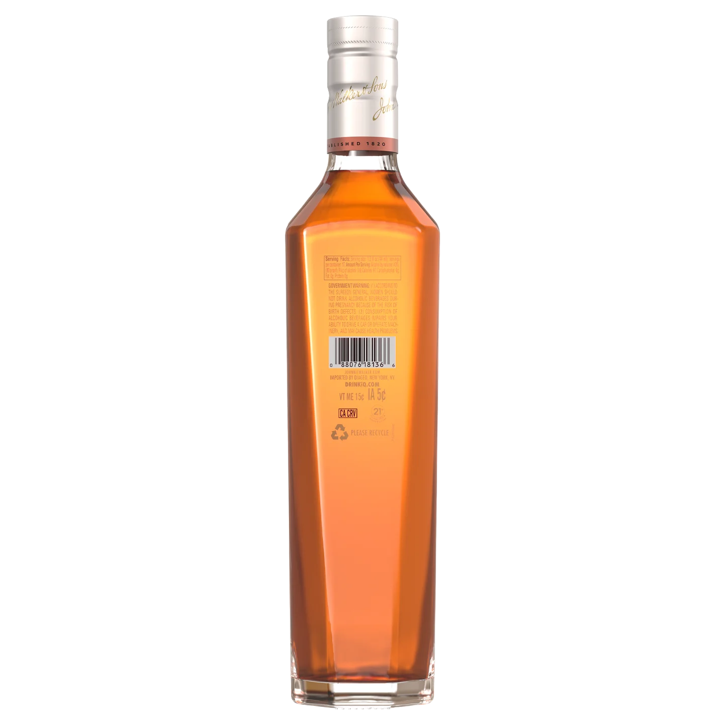 A tall, angular glass bottle filled with amber-colored liquid, shown from the back. The bottle has a silver cap and a barcode label with text near the top. The liquid inside appears to be a type of alcohol.
