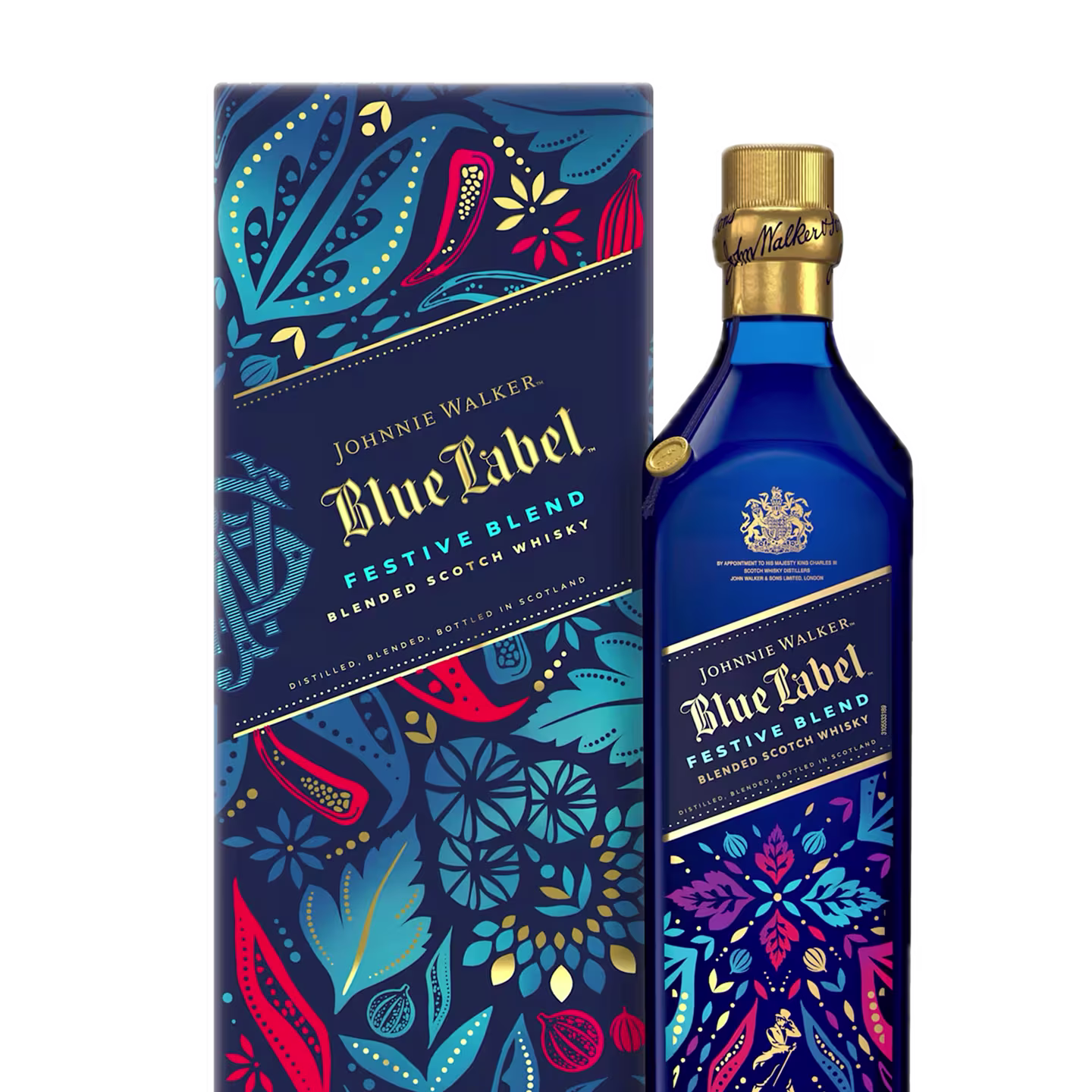 The Johnnie Walker Blue Label Festive Blend box beside its blue bottle, both covered in colourful Indian floral and paisley patterns in blue, teal, pink and red.