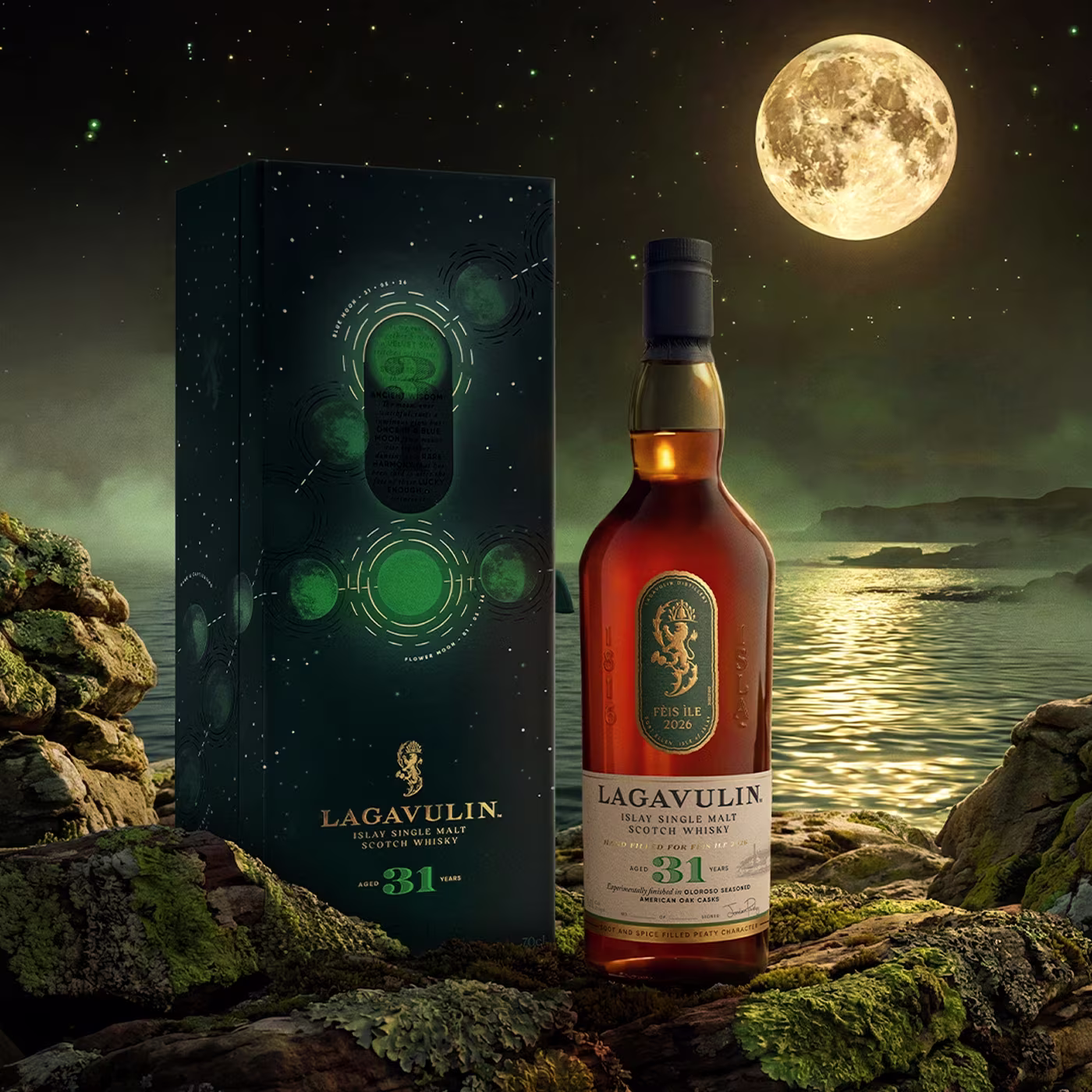 Lagavulin 31-year-old whisky bottle and box on rocks by a moonlit lake under a starry sky.
