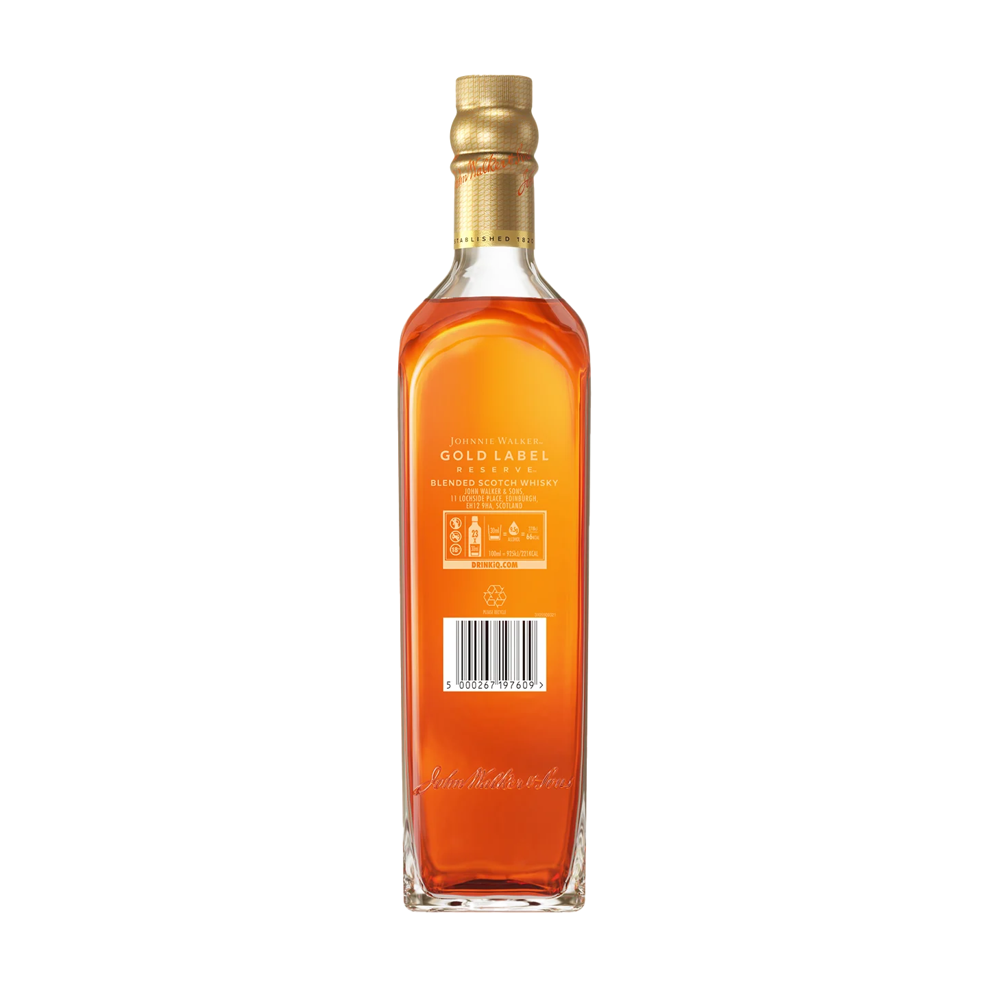 Ένα μπουκάλι Johnnie Walker Gold Label Reserve Scotch Whisky με χρυσό καπάκι. Το μπουκάλι είναι ψηλό και λεπτό, γεμάτο με κεχριμπαρένιο υγρό και εμφανίζει την ετικέτα, τον γραμμωτό κώδικα και την υπογραφή της μάρκας σε λευκό φόντο.