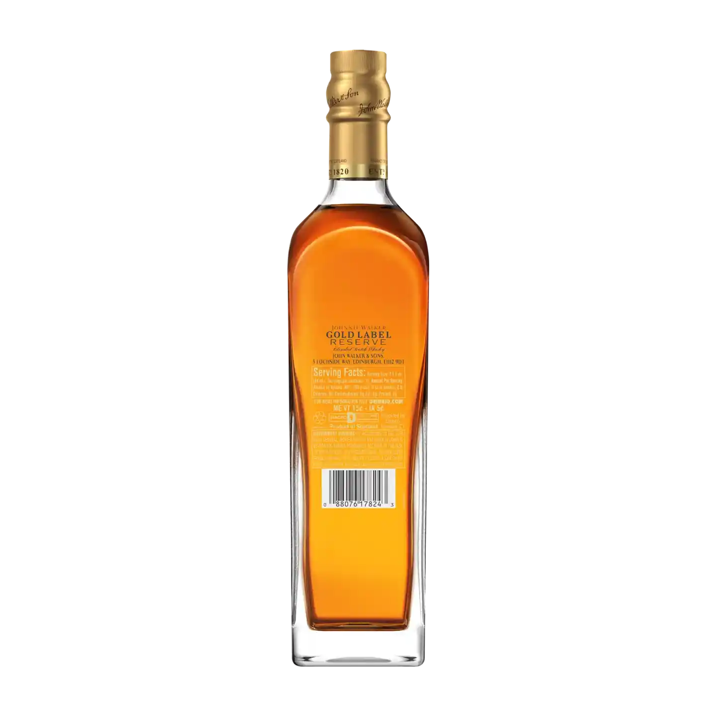 A glass bottle of Johnnie Walker Gold Label Reserve Scotch Whisky. 
