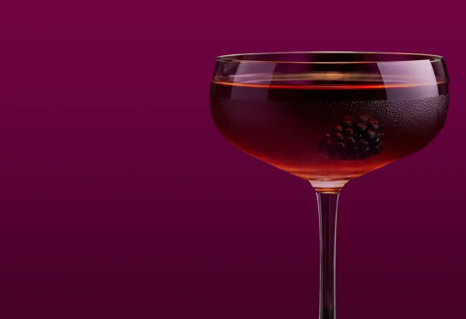 A coupe glass filled with a dark red cocktail, garnished with a blackberry, is placed against a solid deep purple background. The cup is positioned on the right, leaving negative space on the left.