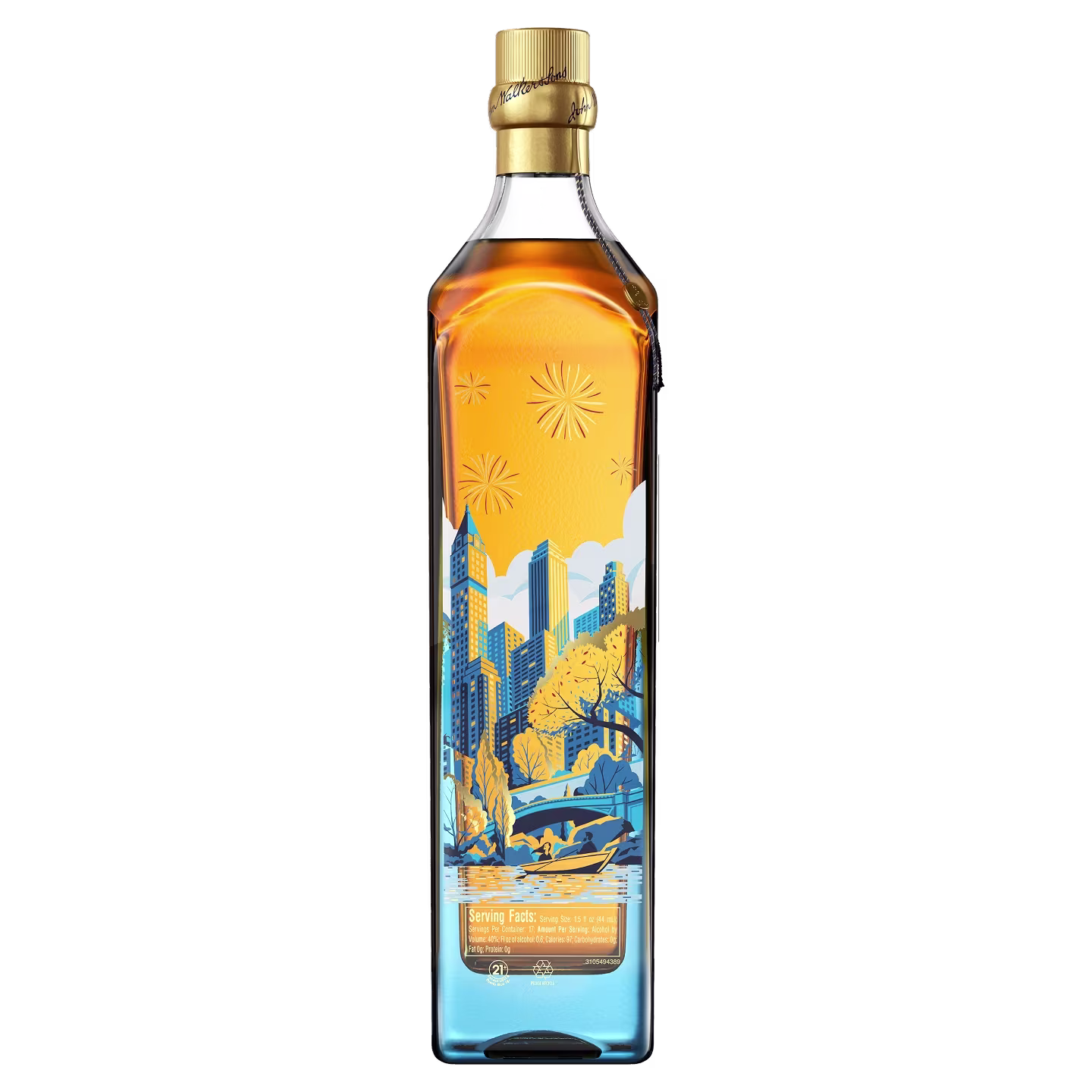 Tall whisky bottle with a cityscape and sunset illustration in blue, yellow, and orange on the glass.