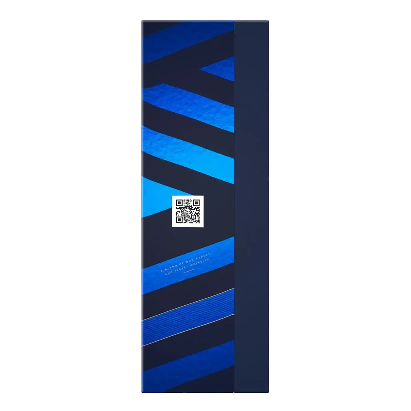 A rectangular navy-blue Label Blended Scotch Whisky packaging with diagonal blue stripes and a QR code near the center.