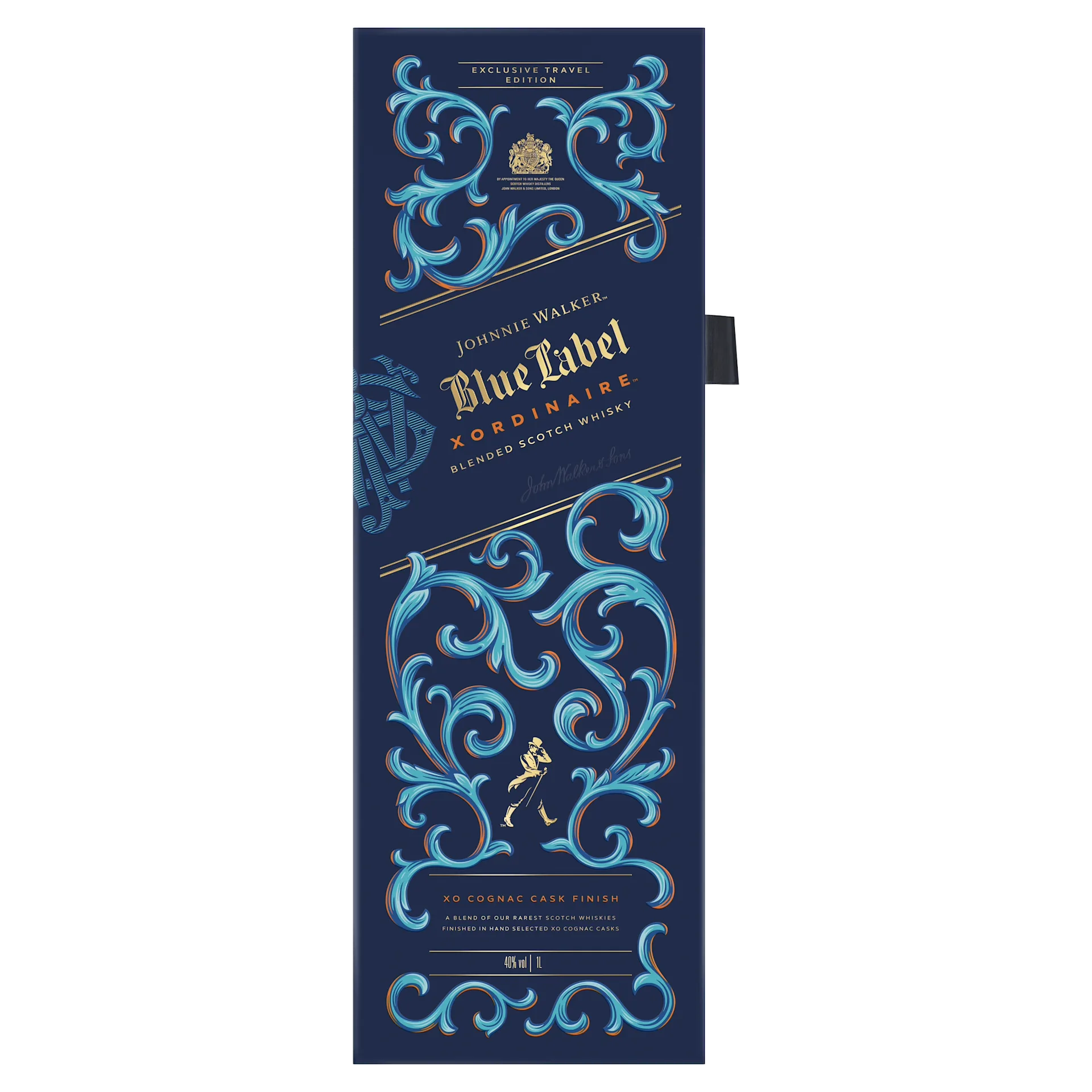 A vertical rectangular packaging of Johnnie Walker Blue Label Xordinaire . It features ornate blue and gold designs with text indicating Extraordinary XO Cognac Cask Finish on a dark blue background.