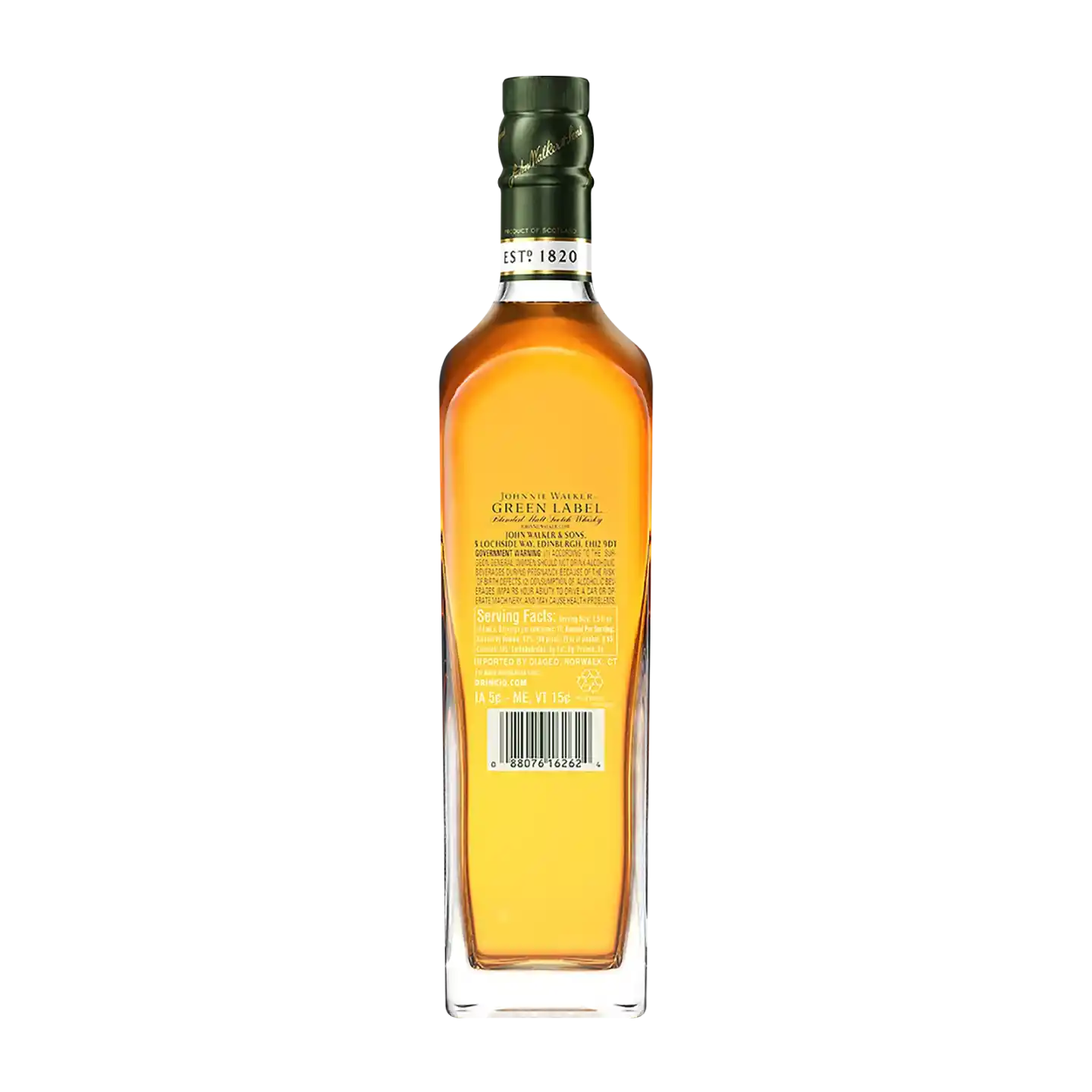 Uma garrafa de uísque escocês blended malt Green Label, mostrada de trás. O rótulo exibe detalhes do produto e um código de barras. O líquido dentro é de cor âmbar.