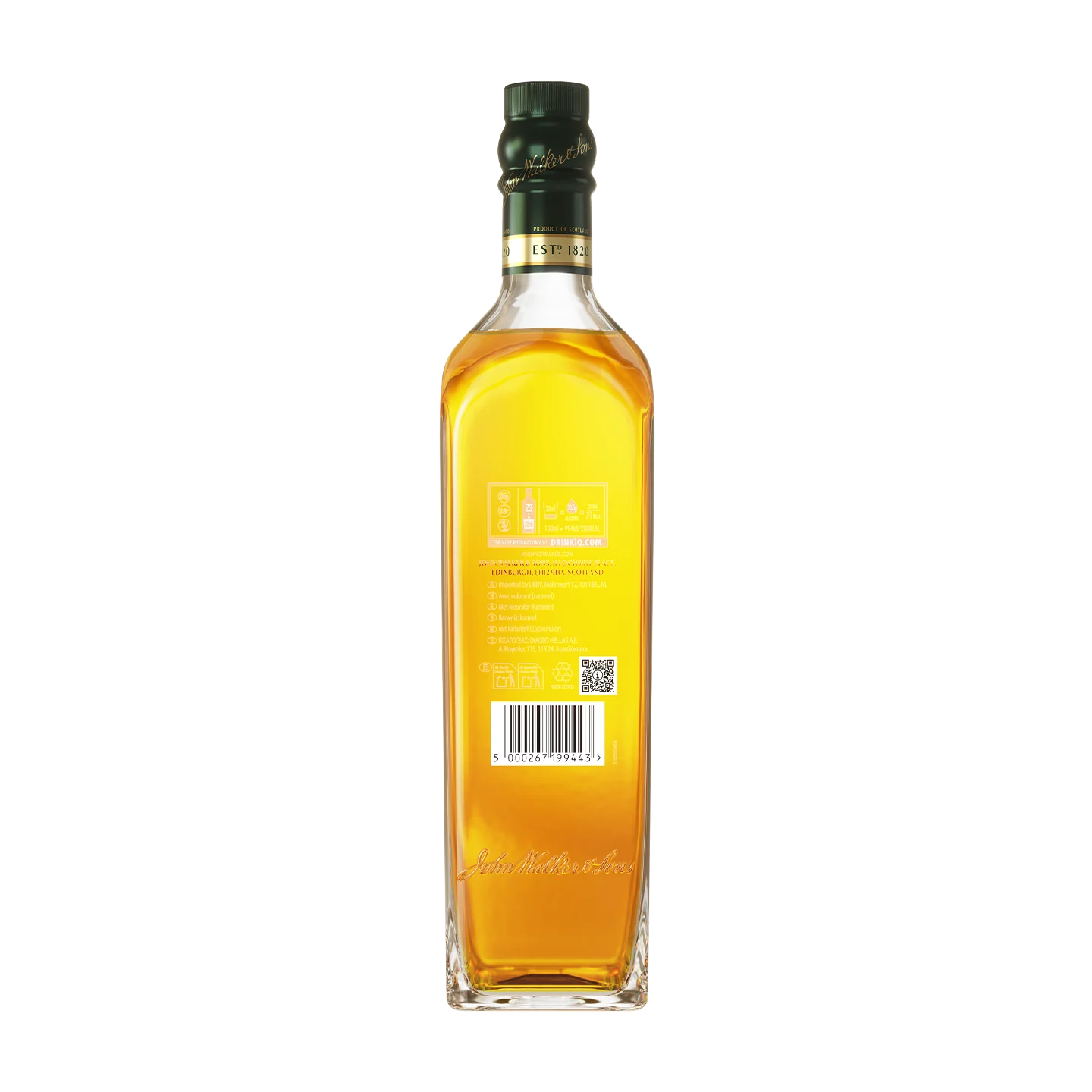 Ένα μπουκάλι σκωτσέζικο ουίσκι Johnnie Walker Green Label με εμφανή γραμμωτό κώδικα και περιγραφή στην πίσω ετικέτα. Το μπουκάλι είναι γεμάτο με κεχριμπαρένιο υγρό και έχει πράσινο καπάκι.