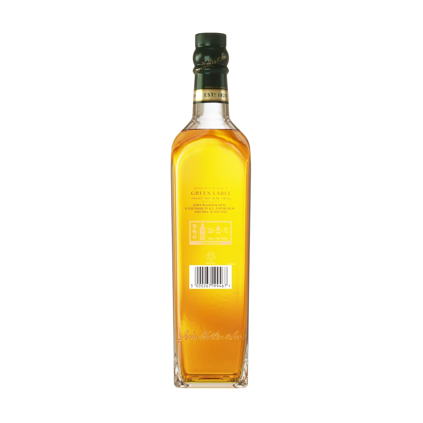 Una botella transparente de whisky escocés Johnnie Walker Green Label, que muestra la etiqueta posterior con texto, símbolos y un código de barras, sobre un fondo blanco.