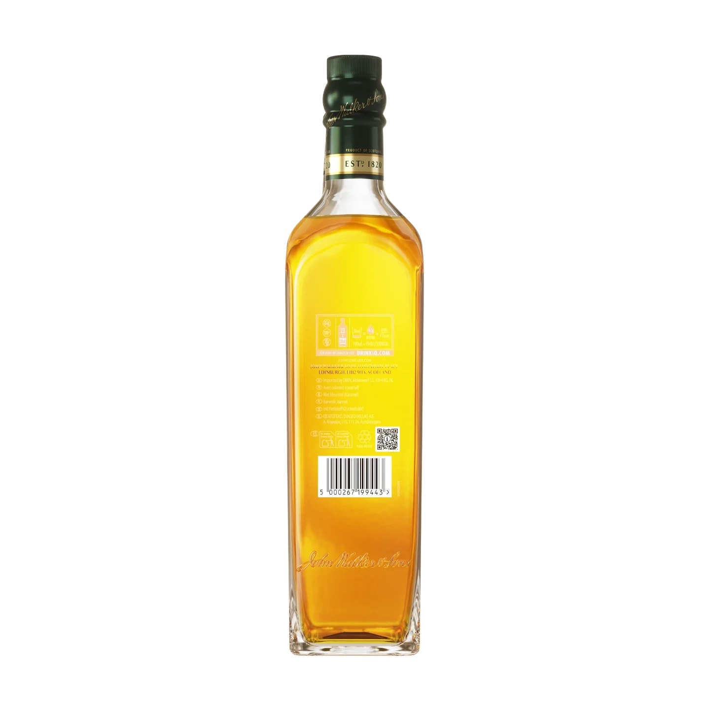 A clear bottle of Johnnie Walker Green Label Scotch whisky, showing the back label with text, symbols, and a barcode, against a white background.
