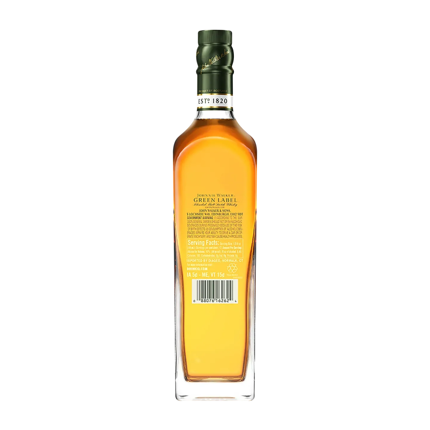 A bottle of Johnnie Walker Green Label Scotch whisky with a visible barcode and description on the back label. The bottle is filled with amber-coloured liquid and has a green cap.