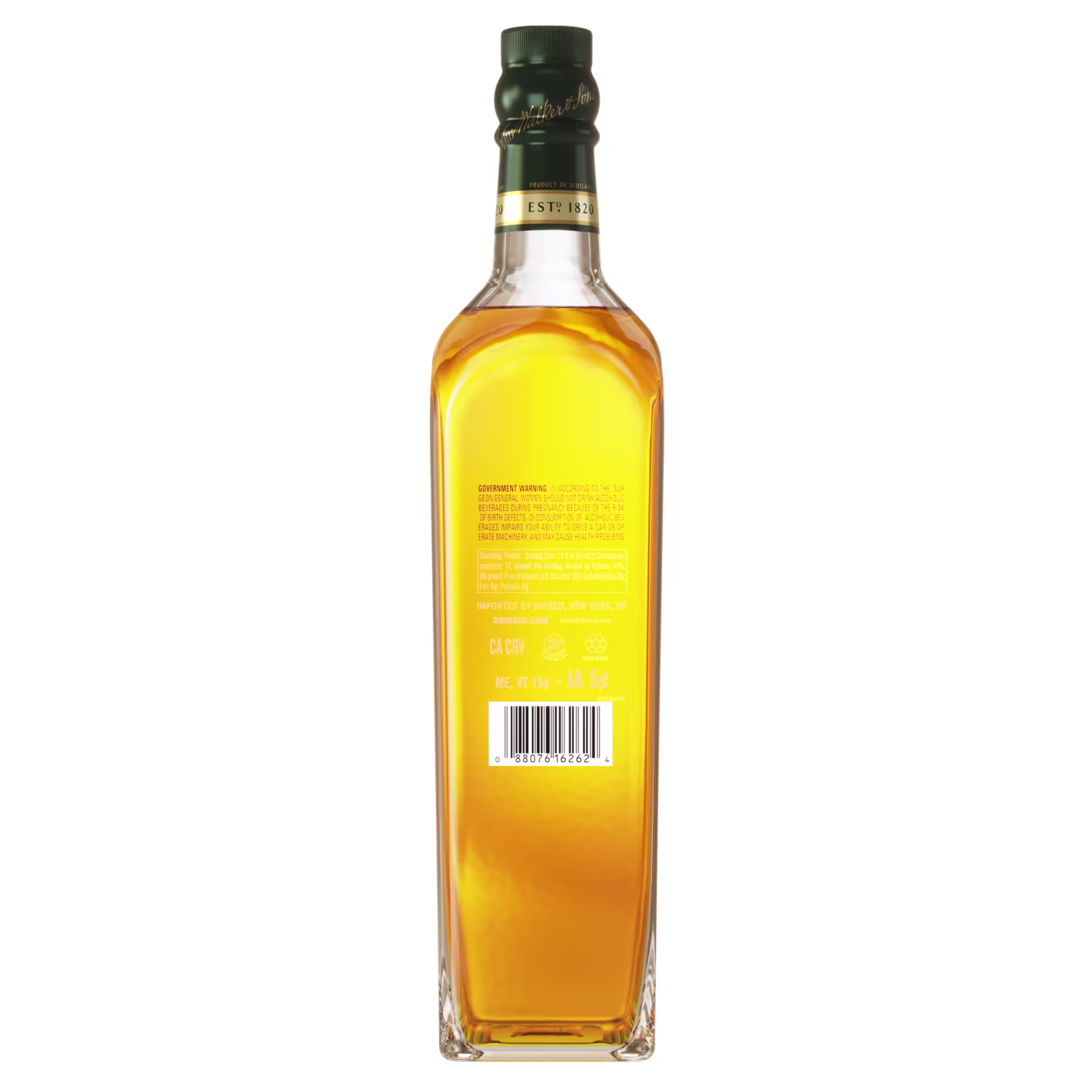 Bouteille de whisky carrée, vue de dos. Elle est remplie d'un liquide brun doré et son bouchon est vert foncé. L'étiquette est ornée de texte blanc et jaune.