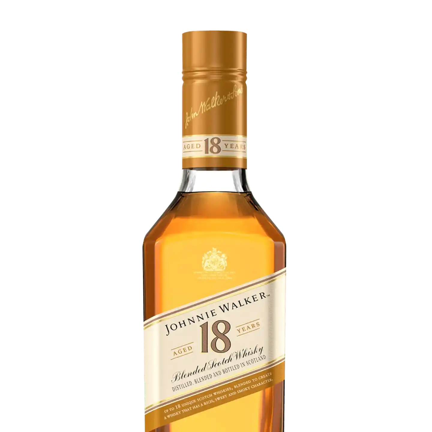 Láhev Johnnie Walker 18 Years, míchaná skotská whisky se zlatou etiketou. Láhev má čtvercový tvar, vyražené logo na hrdle a text uvádějící její stáří a směs.