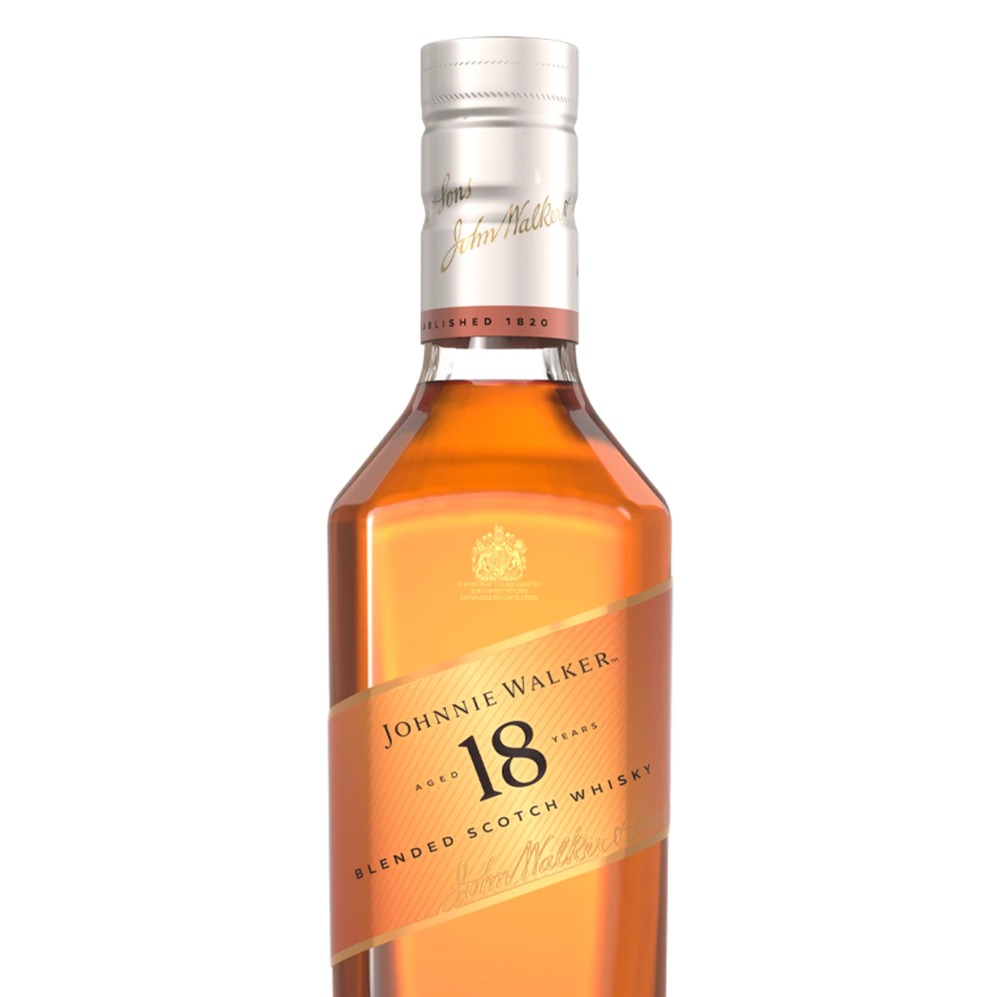 Ένα μπουκάλι Johnnie Walker 18 Blended Scotch Whisky, με χρυσή ετικέτα με το όνομα της μάρκας και την ηλικία, και κρεμ καπάκι με χρυσές λεπτομέρειες.
