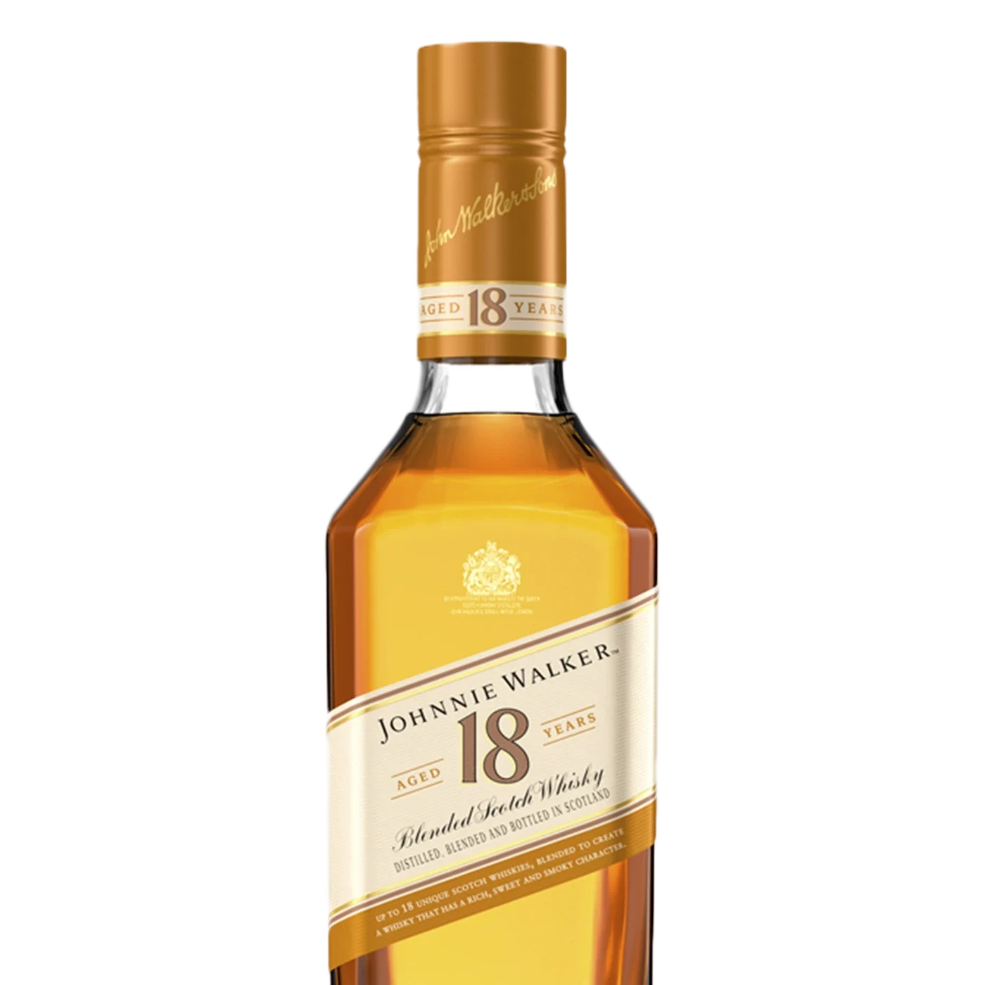 Ένα μπουκάλι Johnnie Walker 18 Years blended Scotch whisky. Το μπουκάλι έχει μια χρυσή ετικέτα με το λογότυπο της μάρκας και δήλωση ηλικίας 18 ετών. Το καπάκι είναι επίσης χρυσό, που ταιριάζει με το σχέδιο της ετικέτας.