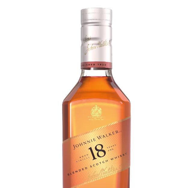A bottle of Johnnie Walker 18 blended scotch whisky with a gold label and cap, showcasing amber liquid inside. The label features the brand name and age statement in elegant lettering.