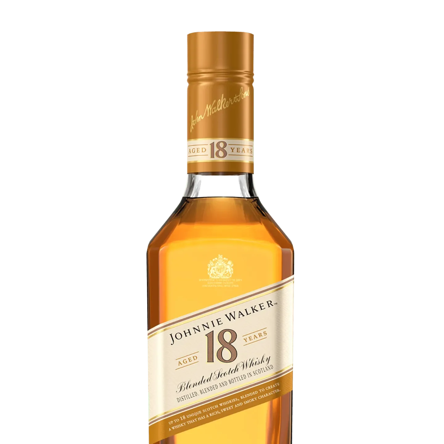 Бутилка Johnnie Walker 18 Years Old смесено шотландско уиски със златна капачка и етикет. Етикетът съдържа името на марката и подробности за уискито, обвивайки богата кехлибарена течност.