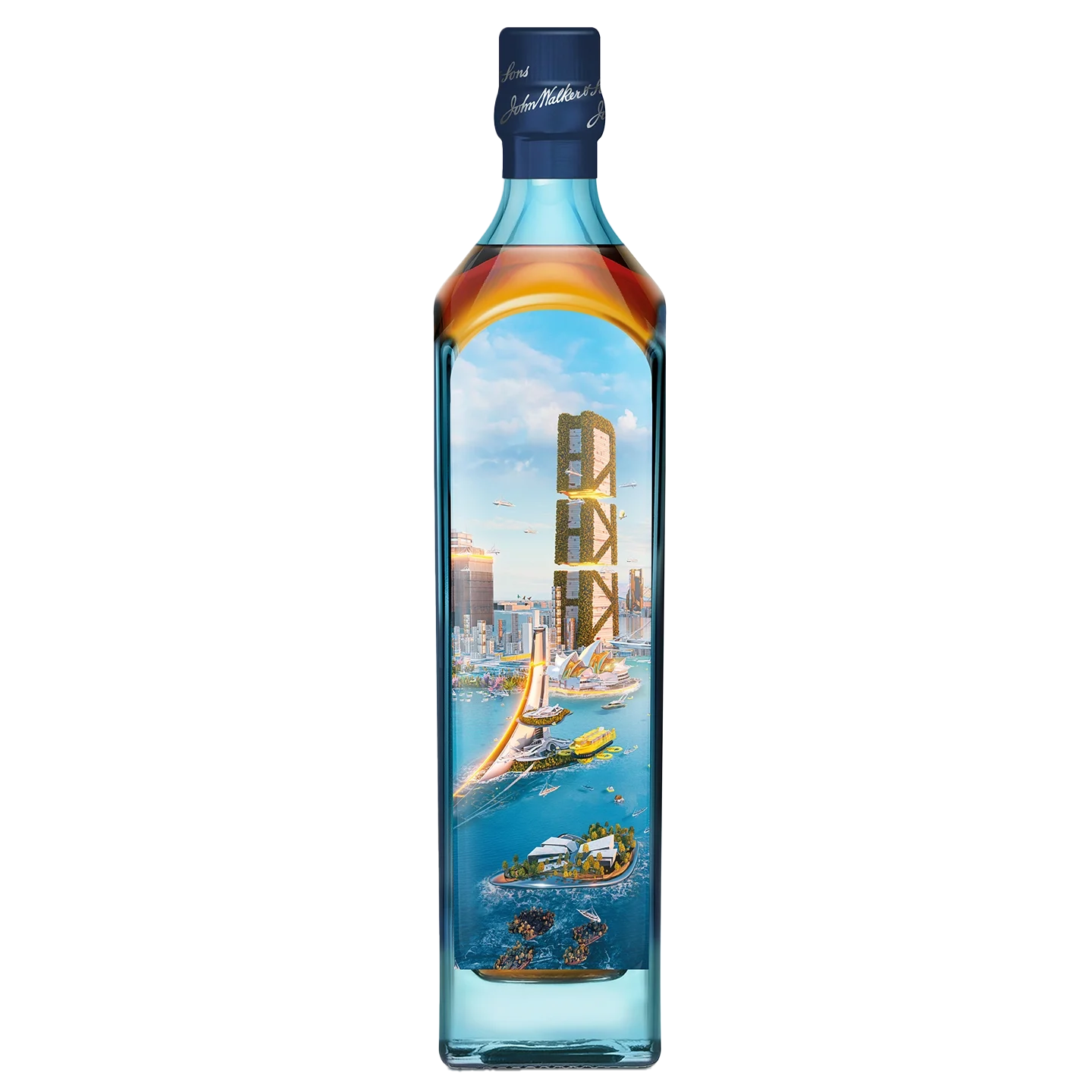 A tall blue bottle featuring an illustrated cityscape with skyscrapers, boats, and helicopters, viewed through a transparent section shaped like a bridge, blending urban and maritime scenes.