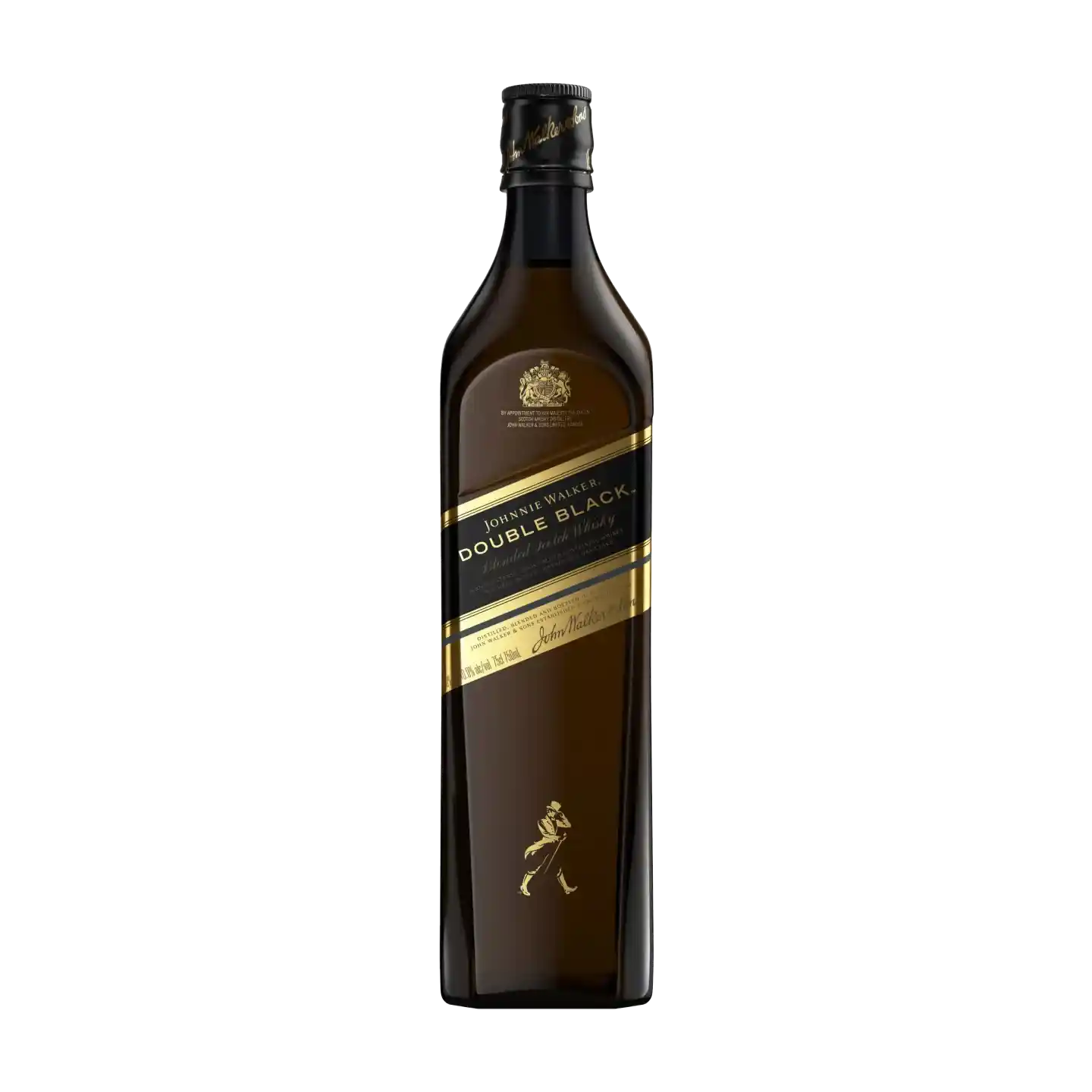 Một chai Johnnie Walker Double Black, có nhãn tối màu với chữ và điểm nhấn màu vàng. Thiết kế nhãn nghiêng mang tính biểu tượng và logo người đàn ông sải bước có thể nhìn thấy ở mặt trước. Chai được đặt trên nền đơn giản.