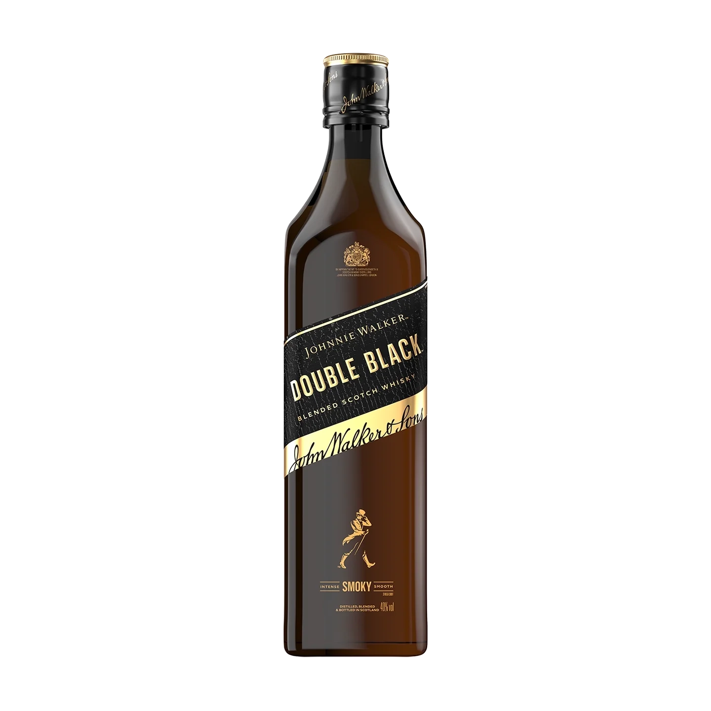 Una botella marrón oscuro de whisky escocés mezclado Johnnie Walker Double Black con una etiqueta negra y dorada, que presenta el logotipo de la marca y el ícono característico del hombre caminando.