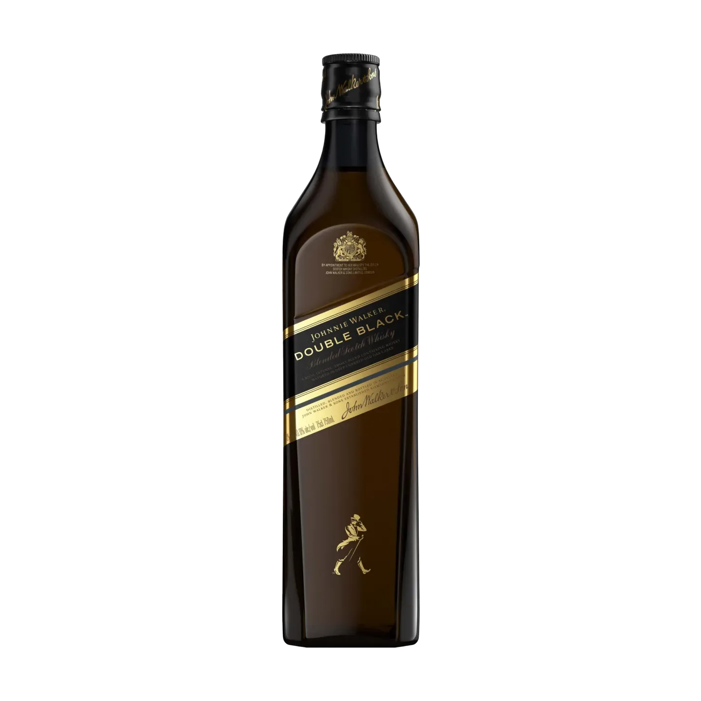 A bottle of Johnnie Walker Double Black, featuring a dark amber glass bottle with a black and gold label. The bottle showcases the iconic striding figure logo and has a black cap at the top.