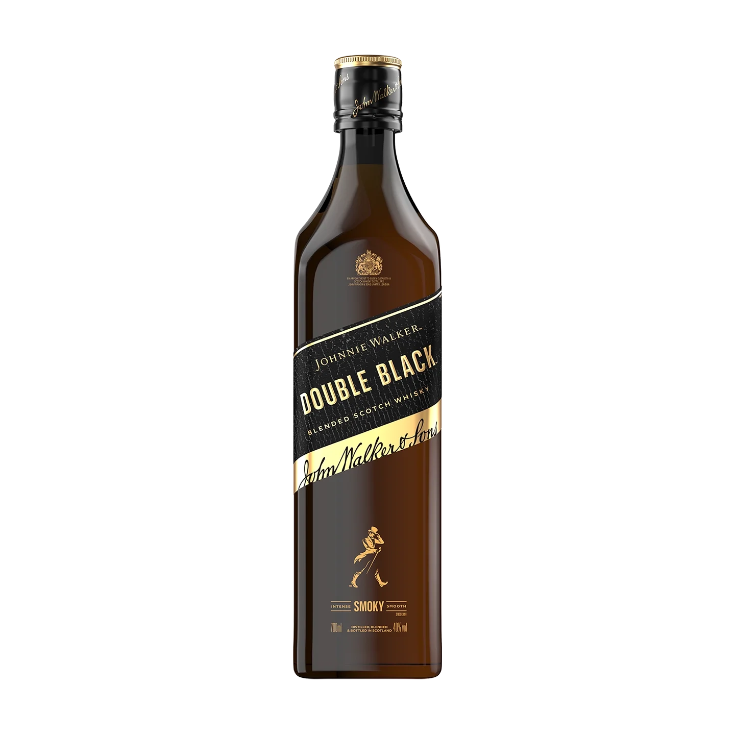 A bottle of Johnnie Walker Double Black blended Scotch whisky, featuring a black and gold label, and the brands signature walking man logo near the bottom.