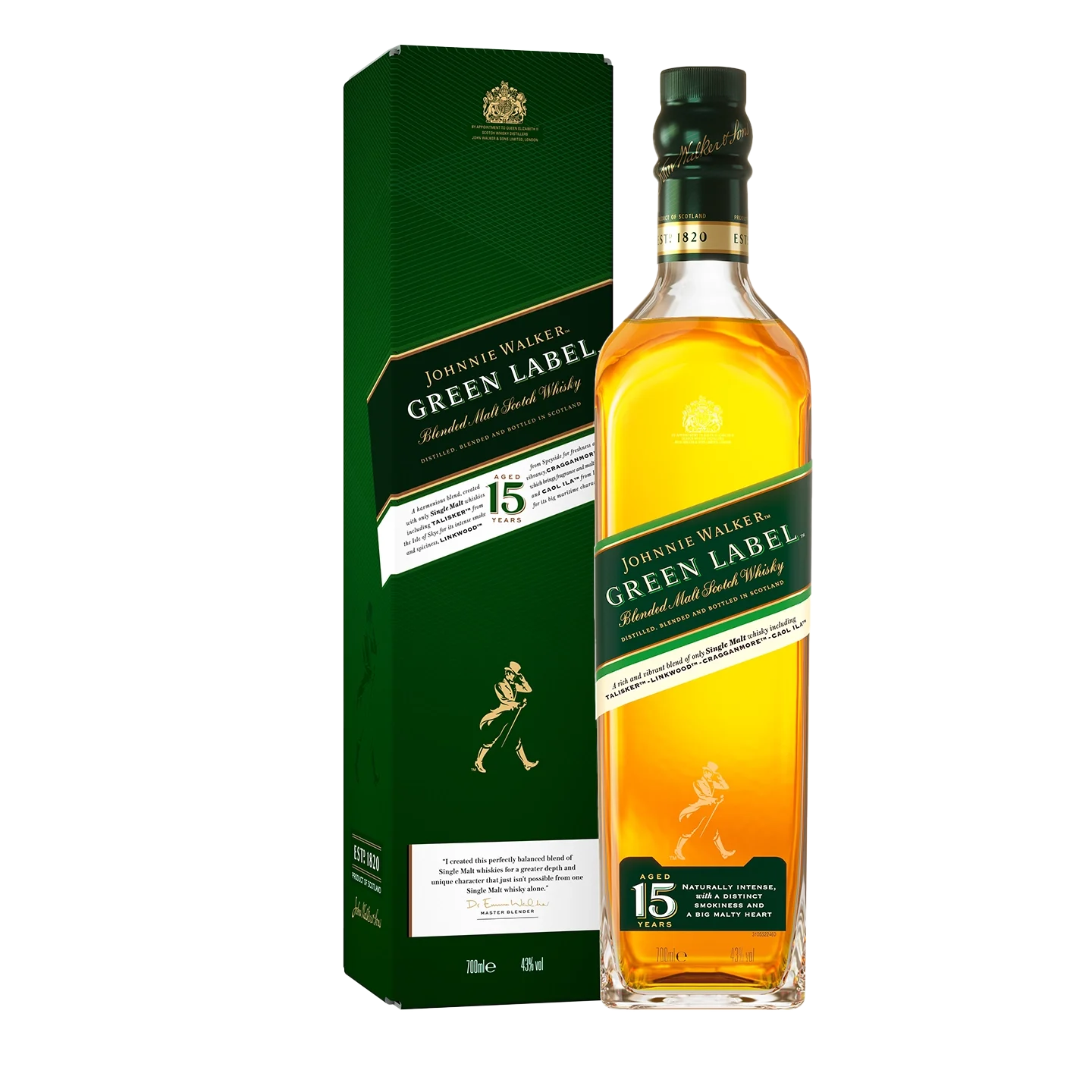 A bottle of Johnnie Walker Green Label 15-year-old blended malt Scotch whisky stands beside its matching green and gold box. Both display the brands logo, age statement, and signature walking man icon.