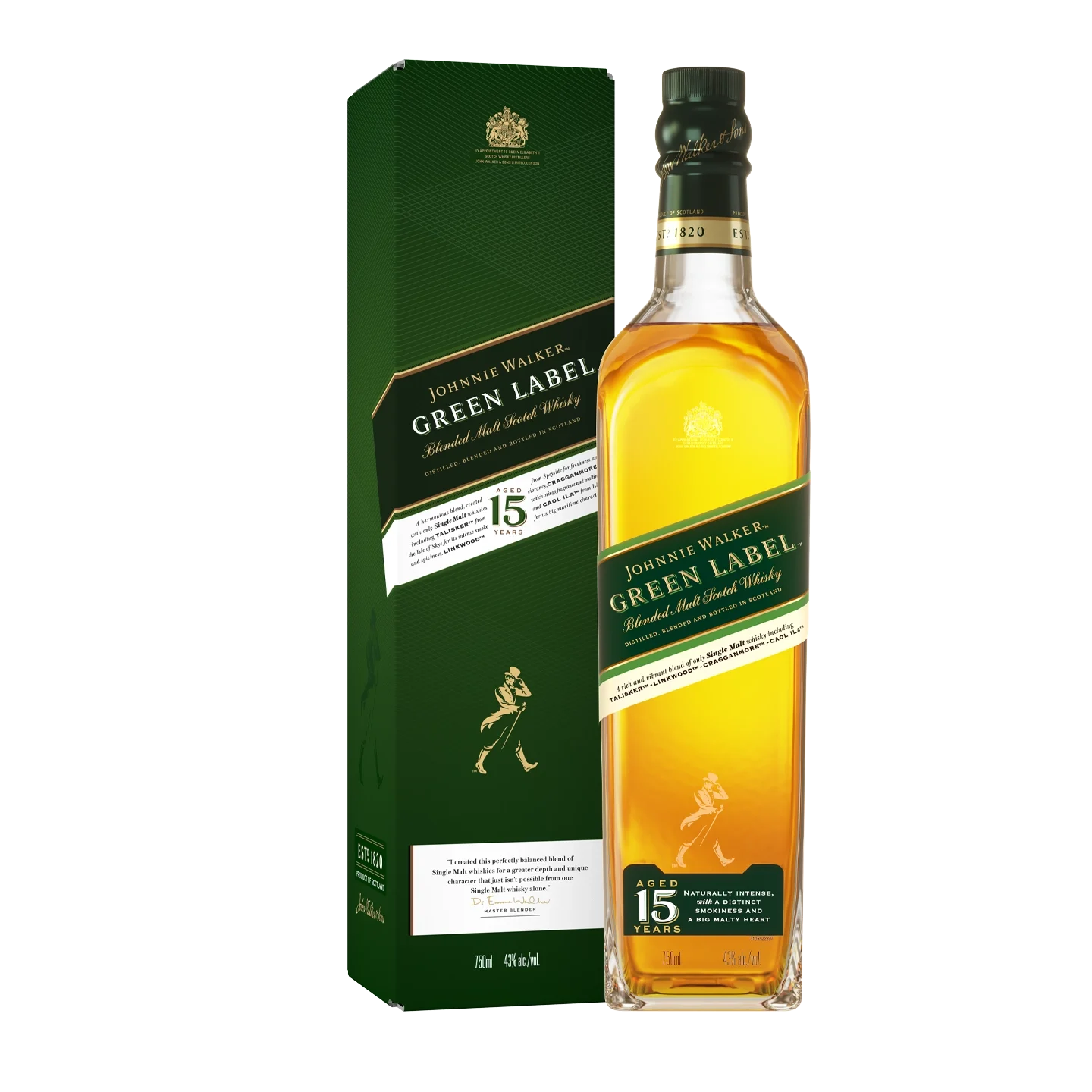 Una botella de whisky escocés de malta mezclado Johnnie Walker Green Label de 15 años se encuentra junto a su caja verde y dorada a juego. Ambas lucen el logotipo de la marca, la fecha de caducidad y el icónico icono del hombre caminando.