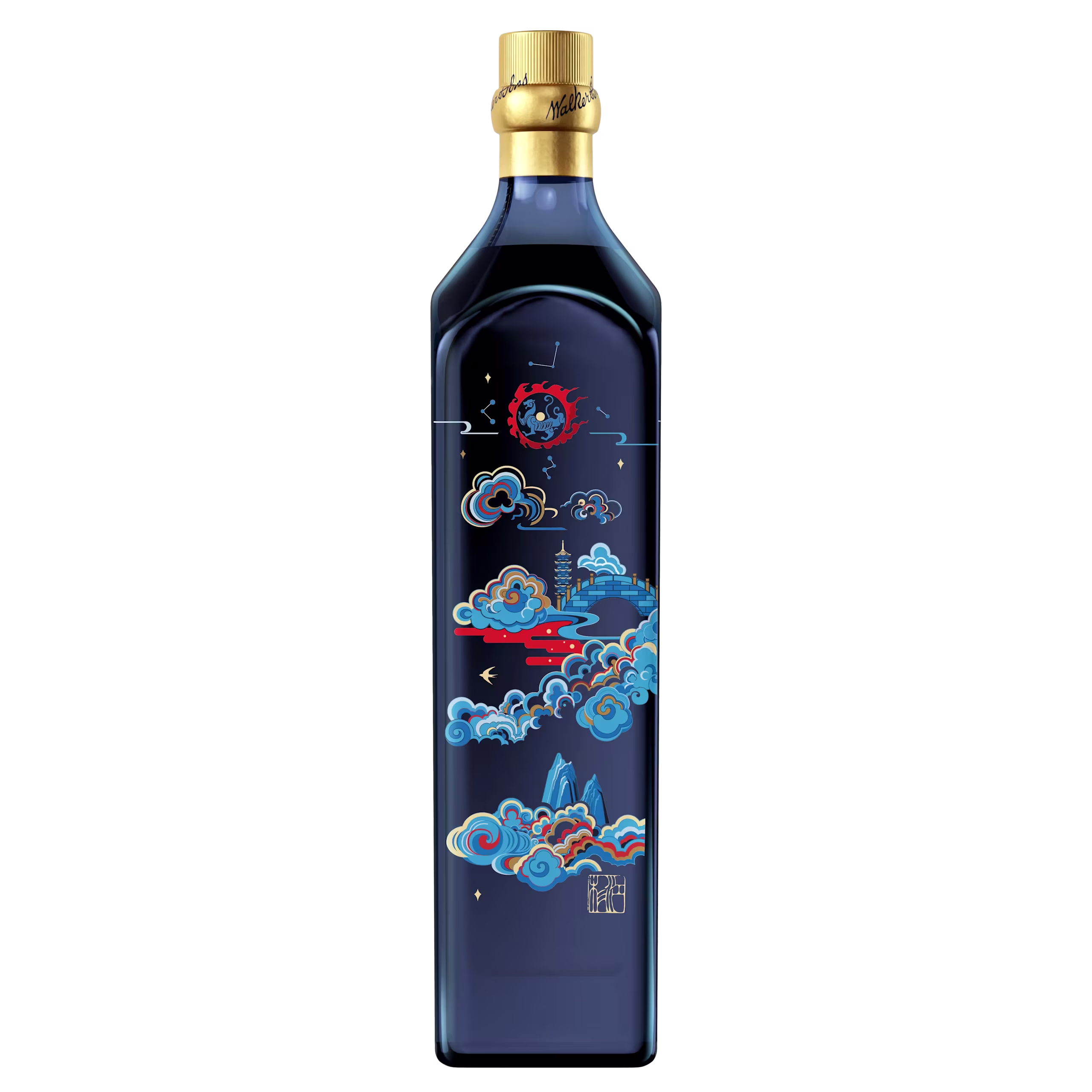 Blue Label Blended Year Of The Tiger Edition bottle with a gold cap features intricate, colorful illustrations of clouds and abstract designs in red, blue, and white hues.