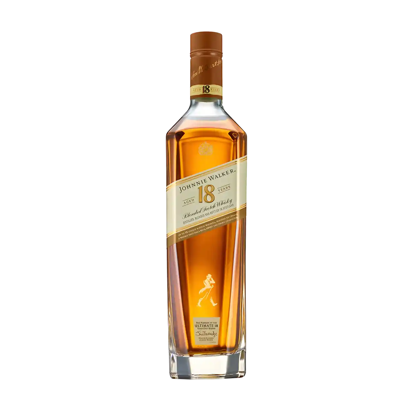 Een fles Johnnie Walker 18 Years Old blended Scotch whisky, met een hoog, strak design met een licht amberkleurige vloeistof erin. Het etiket toont de merknaam en leeftijd, en het iconische logo van de lopende man is zichtbaar.