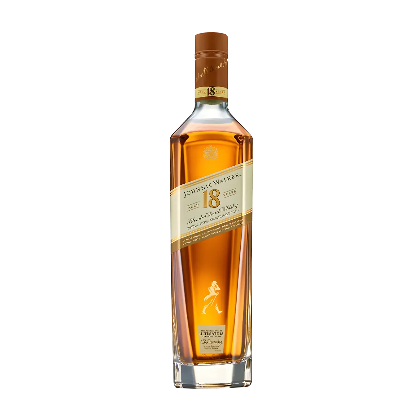 A bottle of Johnnie Walker 18 year old blended Scotch whisky. A bottle of Johnnie Walker 18-year-old blended Scotch whisky, featuring an amber liquid. The bottle has a slanted label with gold and cream colours, displaying the brand logo and age statement.