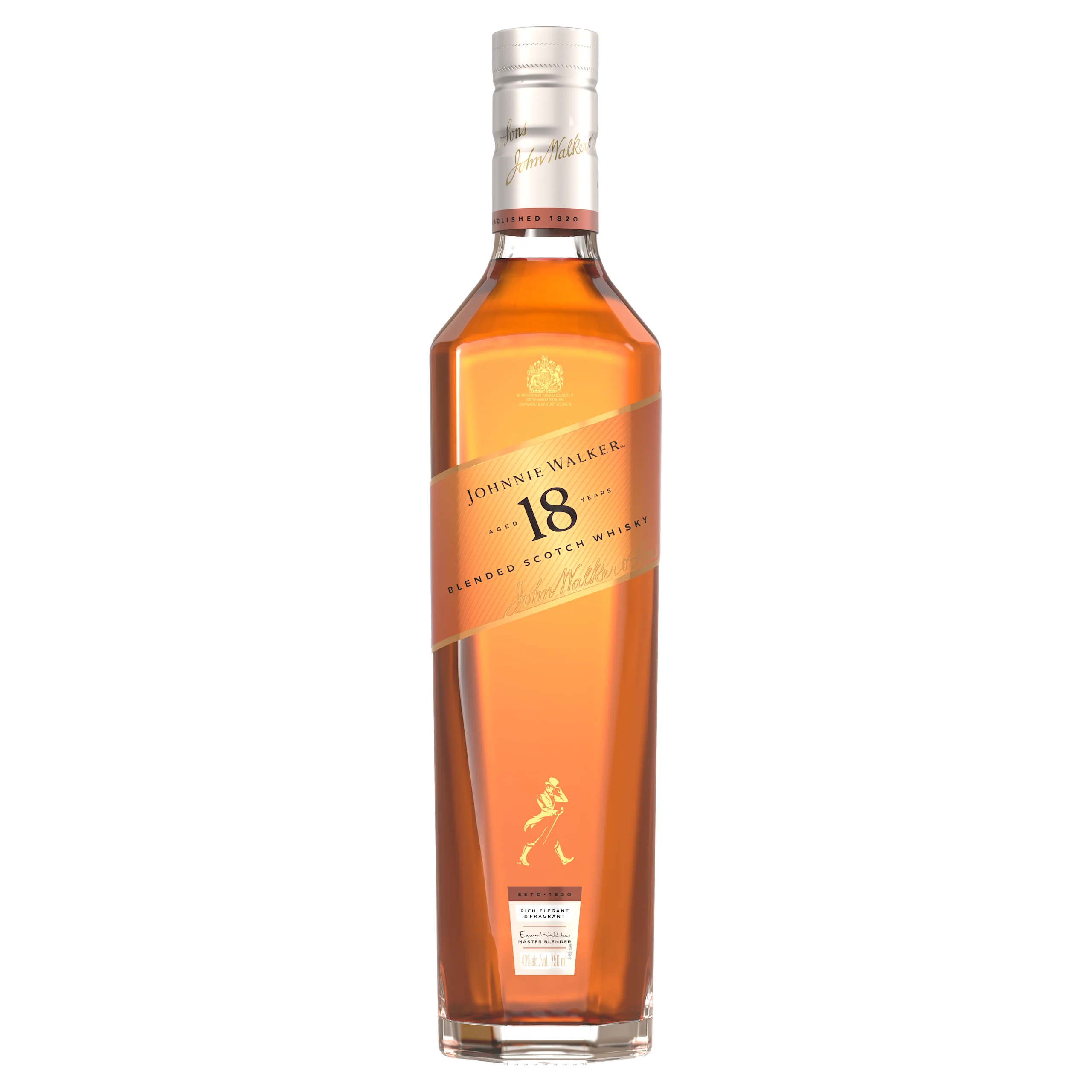 A bottle of Johnnie Walker 18 Year Old Blended Scotch Whisky with a gold label and cap, displaying the brands signature walking man logo. The whisky inside is amber in color.