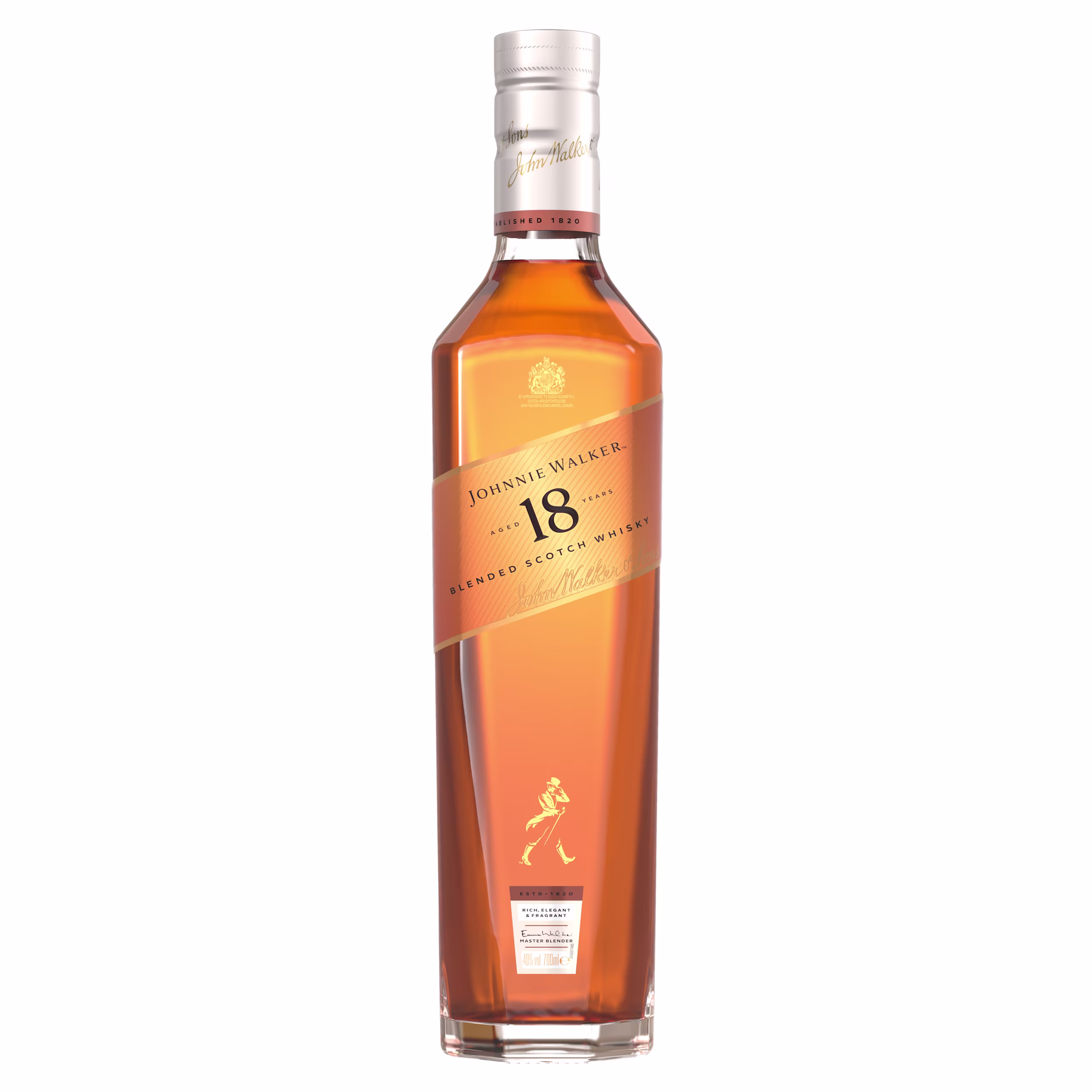 Ένα ψηλό μπουκάλι Johnnie Walker 18-year-old Blended Scotch Whisky. Το καφέ υγρό στο εσωτερικό είναι ορατό μέσα από το διαφανές γυαλί. Η ετικέτα είναι κρεμ με χρυσό και μαύρο κείμενο, με το εμβληματικό λογότυπο Johnnie Walker.