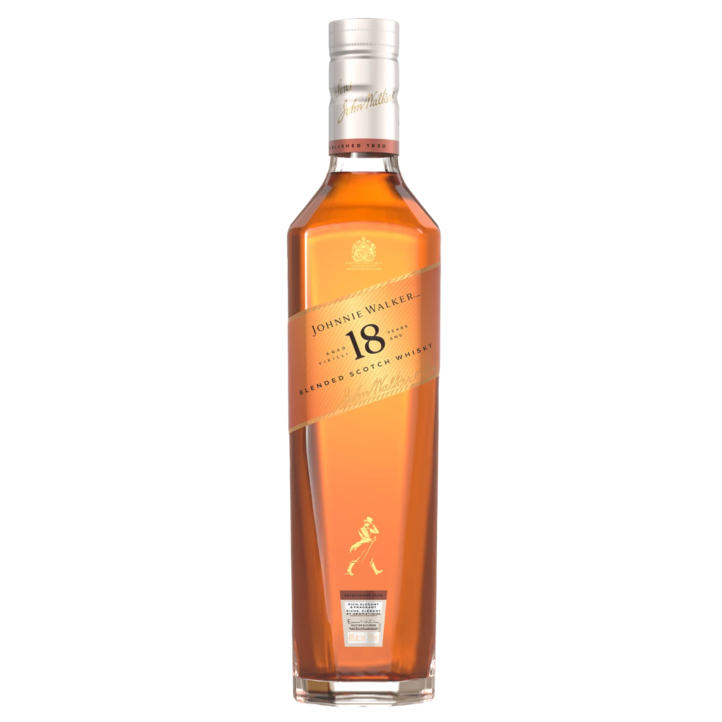 A bottle of Johnnie Walker 18 Year Old Blended Scotch Whisky with a gold label and cap, displaying the brands signature walking man logo. The whisky inside is amber in color.