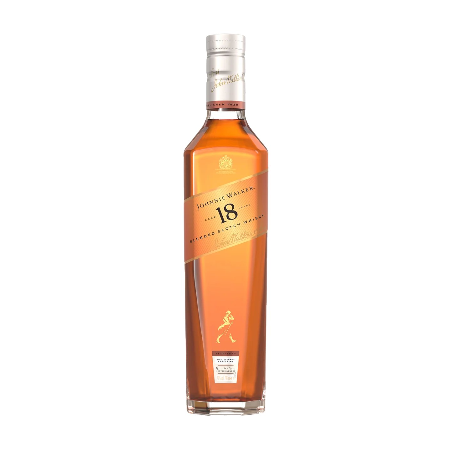 A bottle of Johnnie Walker 18 Year Old Blended Scotch Whisky with a gold label and cap, displaying the brands signature walking man logo. The whisky inside is amber in color.